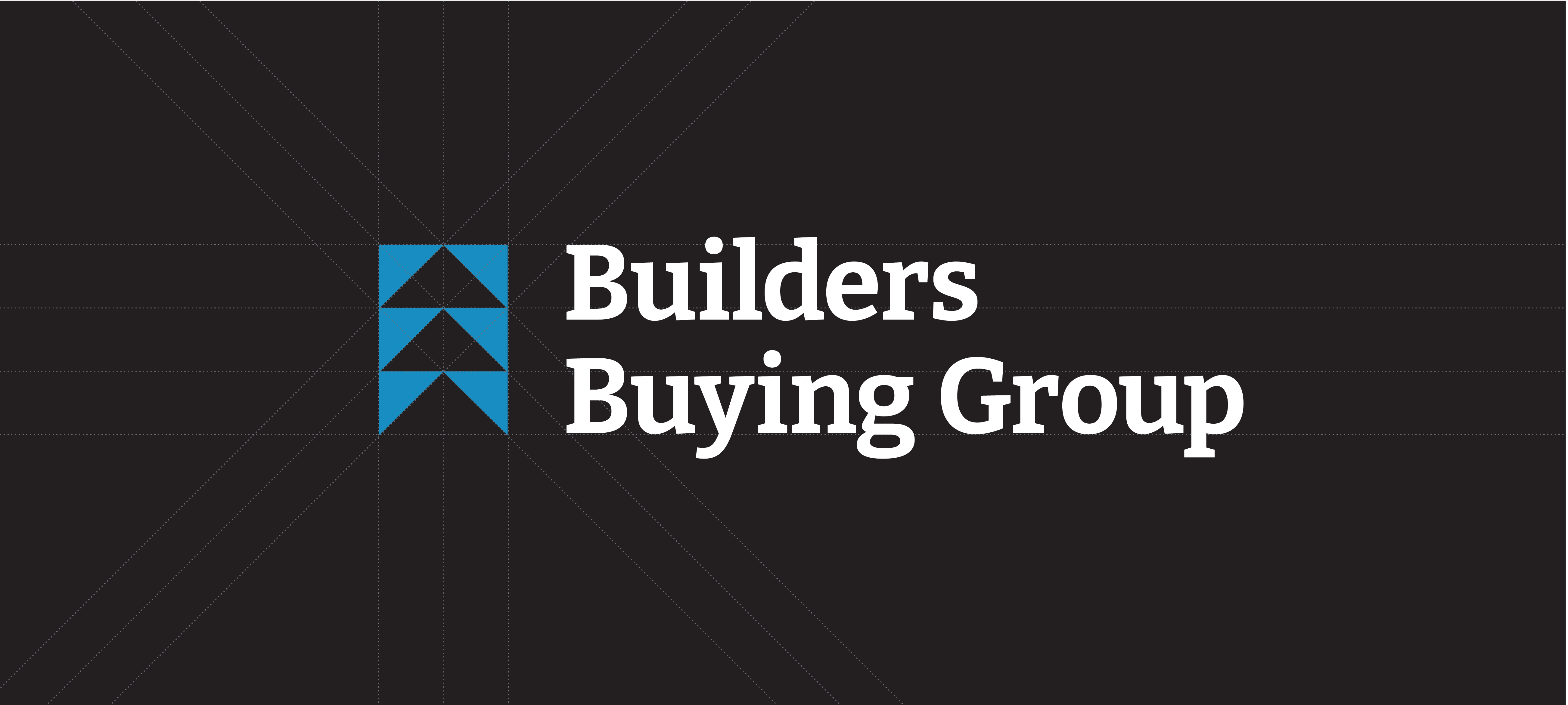 Logo for Builders Buying Group. The design features three blue and black triangles on the left, resembling rooftops. The text is in white against a black background, with horizontal and diagonal guide lines visible.