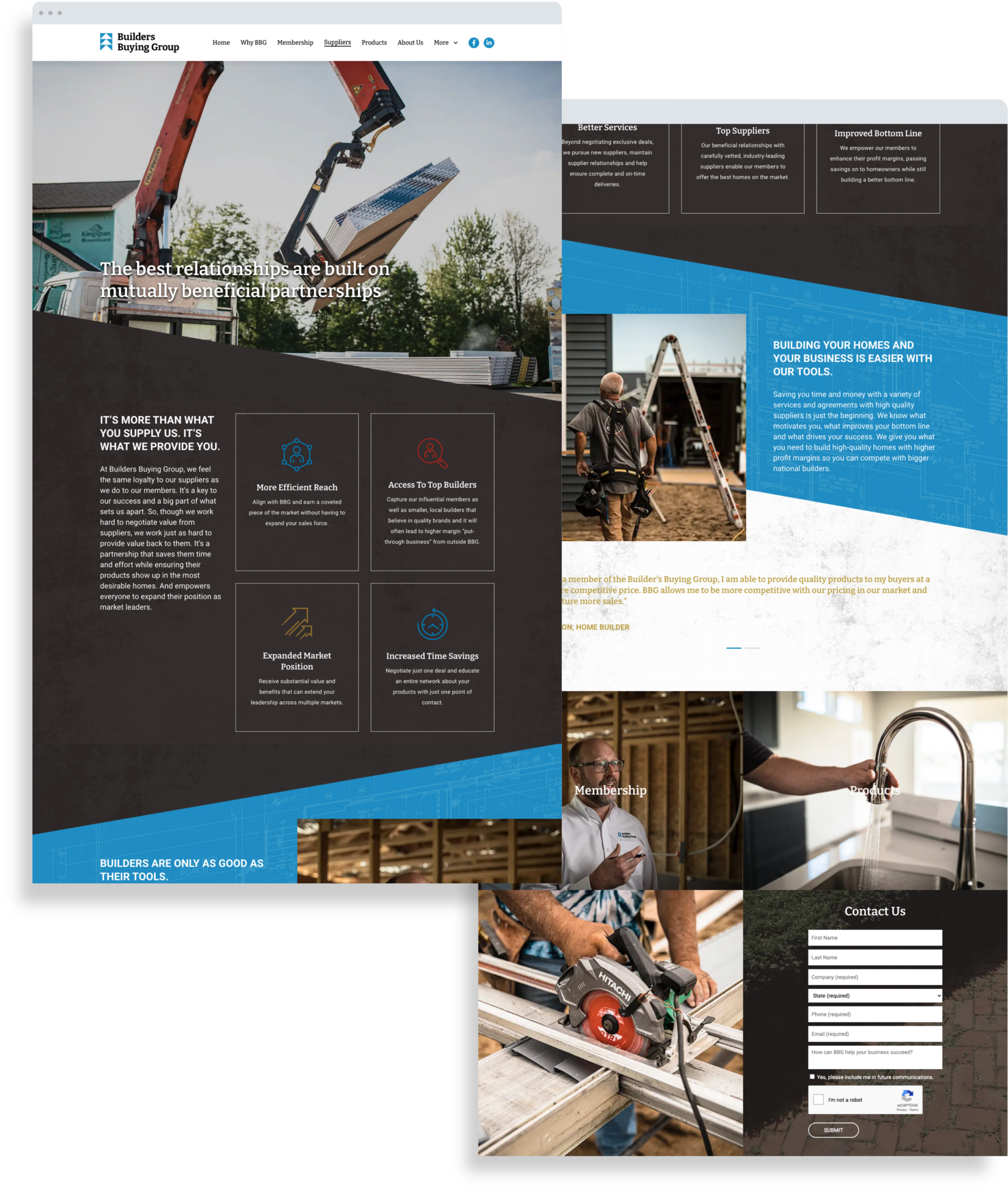 A website layout with construction-themed images. The top section shows cranes lifting frames on a building site. Below, a worker uses a circular saw. The site includes text about building supply services and a contact form.