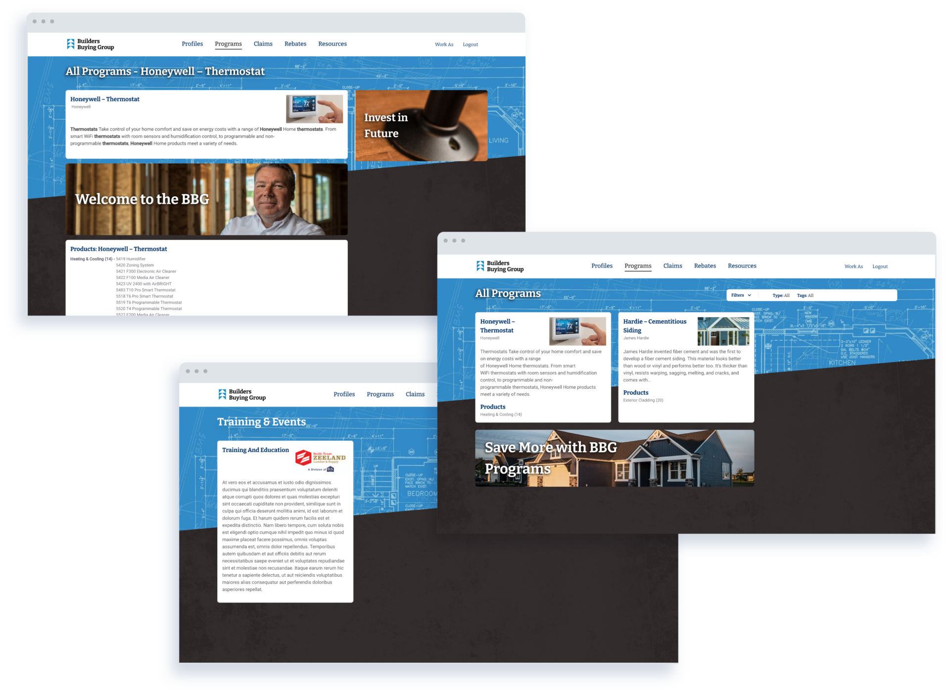 Three web page screenshots showing different sections of the Building Business Group site, featuring Honeywell thermostat programs, training and events, and savings opportunities. Blue and white theme with images of homes and industry professionals.