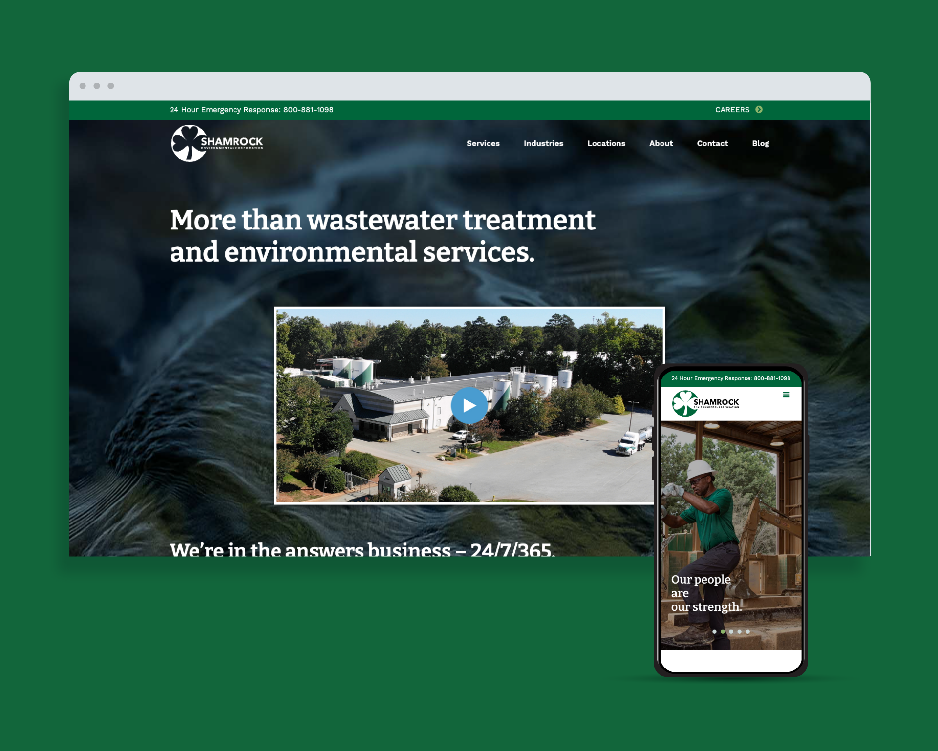 A desktop and mobile view of Shamrocks website on a green background. The desktop screen shows a video thumbnail of an industrial facility, while the mobile screen displays a person in a hard hat. Text includes, More than wastewater treatment and environmental services.