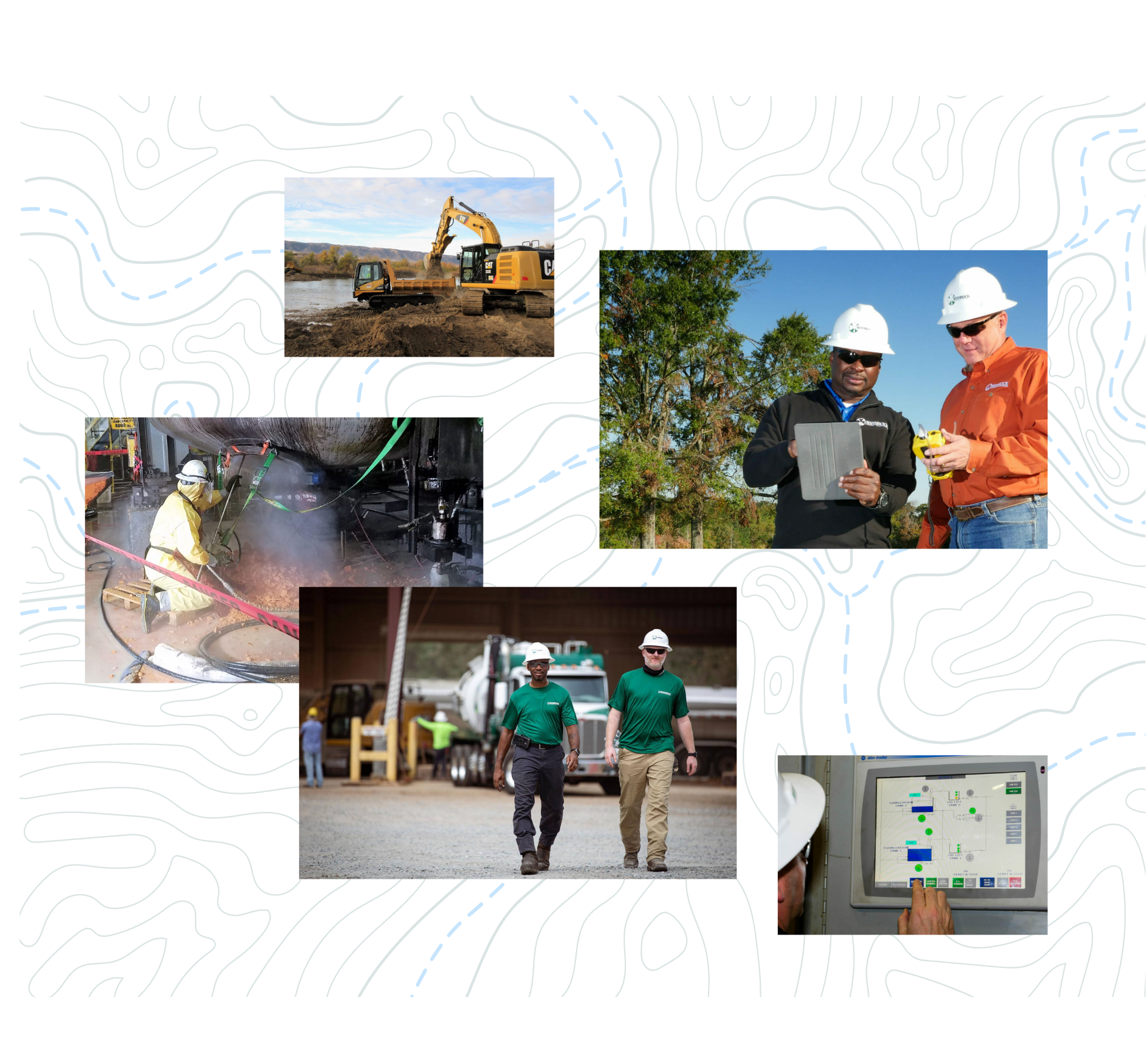 Collage of five images: an excavator at a site, two workers with a tablet, a person cleaning with a hose, two uniformed individuals walking, and a hand operating equipment controls. Background features blue contour lines on a black backdrop.