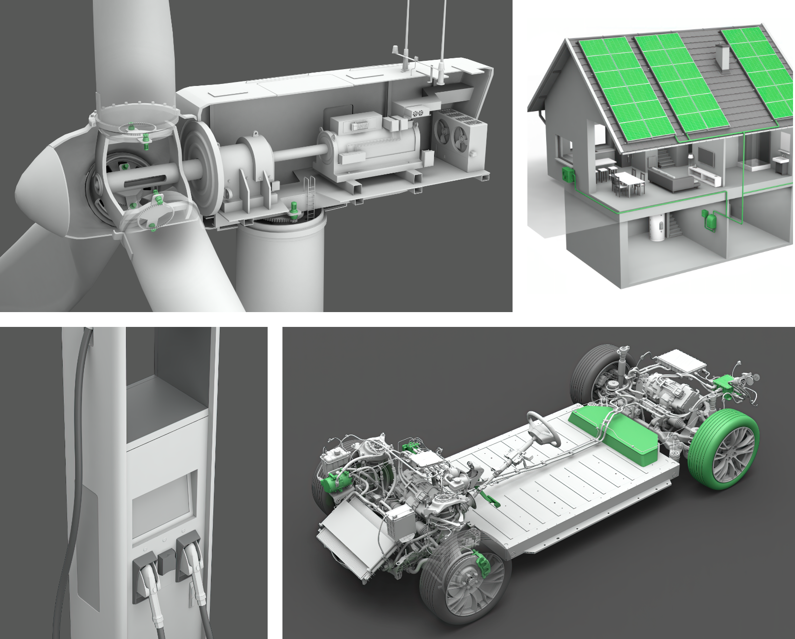Collage of four images: a wind turbines internal mechanism, a house with solar panels and batteries, a close-up of a turbine with a ladder, and an electric vehicles chassis with visible components.
