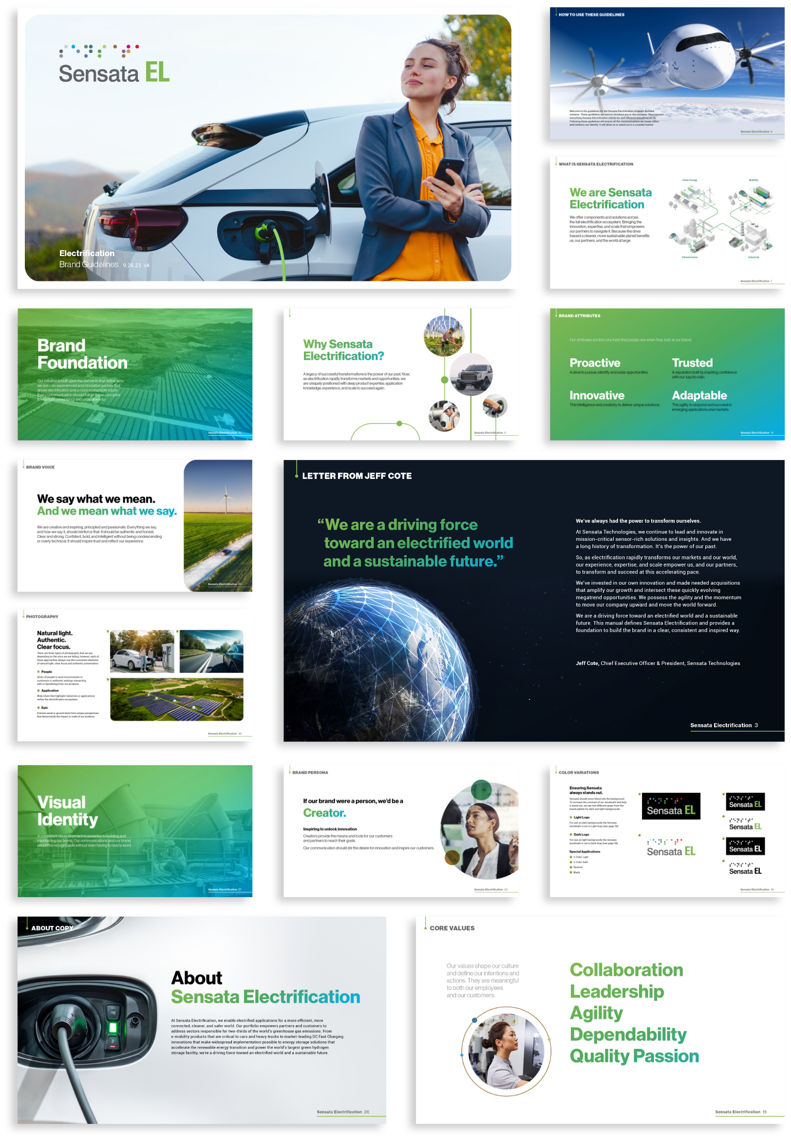 A collage of slides showcasing Sensata ELs branding. Includes images of a person charging an electric car, wind turbines, and a globe. Key concepts highlight electrification, sustainability, innovation, and visual identity with green and blue themes.