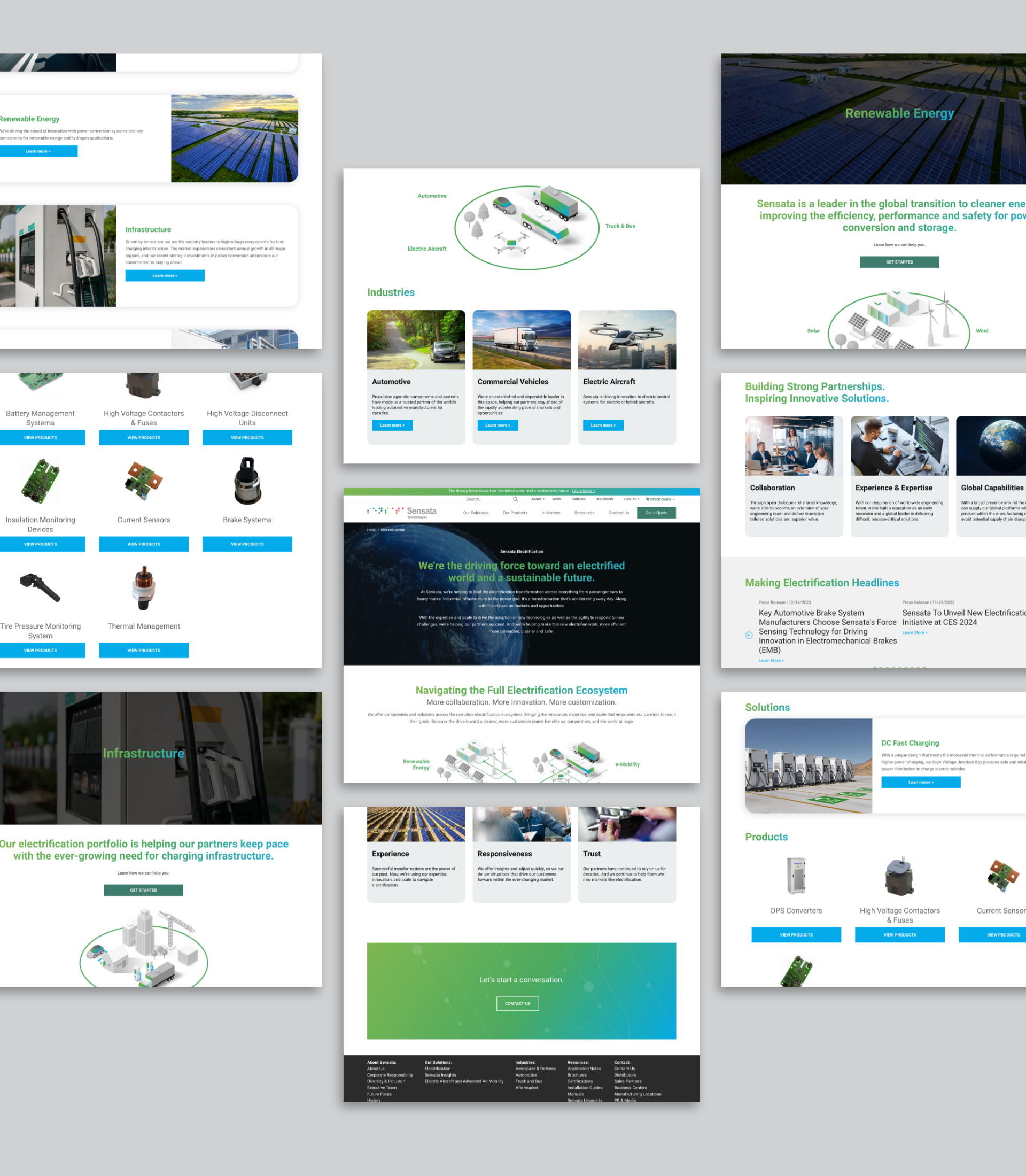 Collage of webpage designs featuring renewable energy themes. Includes images of solar panels, electric devices, industrial infrastructure, and text about solutions and partnerships for electrification and sustainable energy.