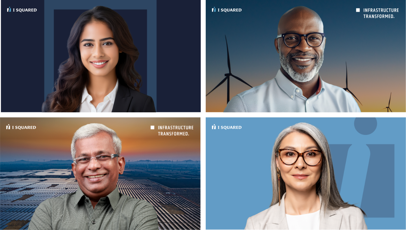 A collage of four portraits, each with a different person smiling. Backgrounds feature a wind farm and solar panels, each with the text, INFRASTRUCTURE TRANSFORMED. The images are branded with I SQUARED.