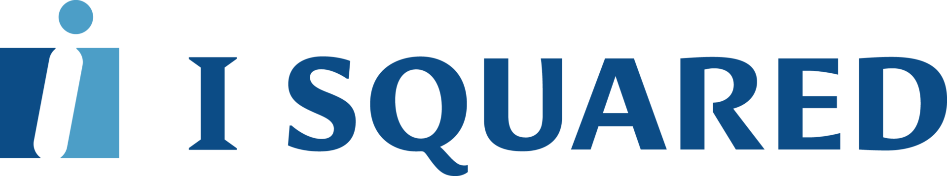 Logo of I Squared features a stylized lowercase i on the left with a blue dot. The text I SQUARED is in bold blue capitals, aligned horizontally to the right of the icon.