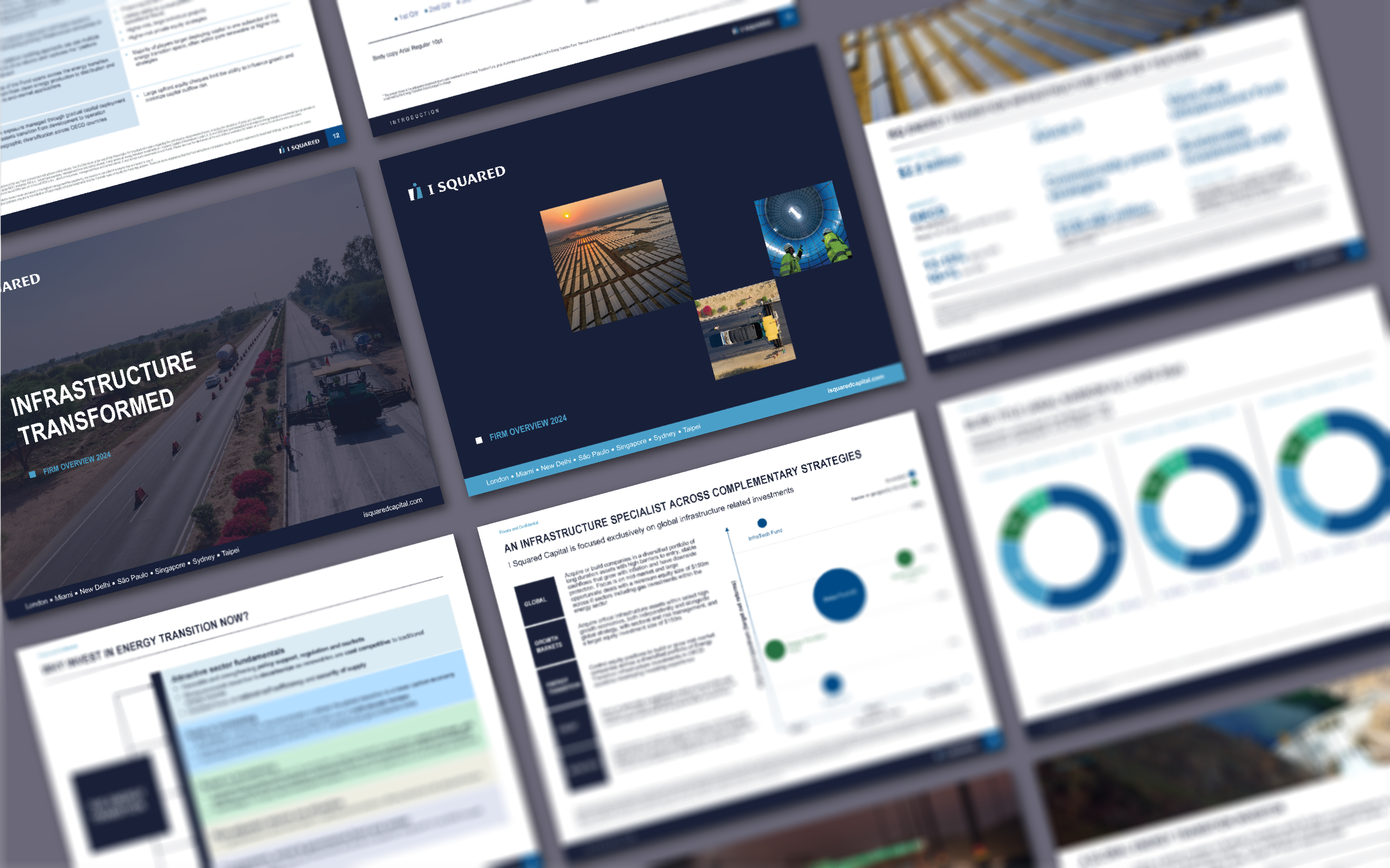 A digital presentation with multiple slides displayed. One slide features the text Infrastructure Transformed over an image of a road. Another shows charts and text, while others contain tables, graphs, and business-related content.