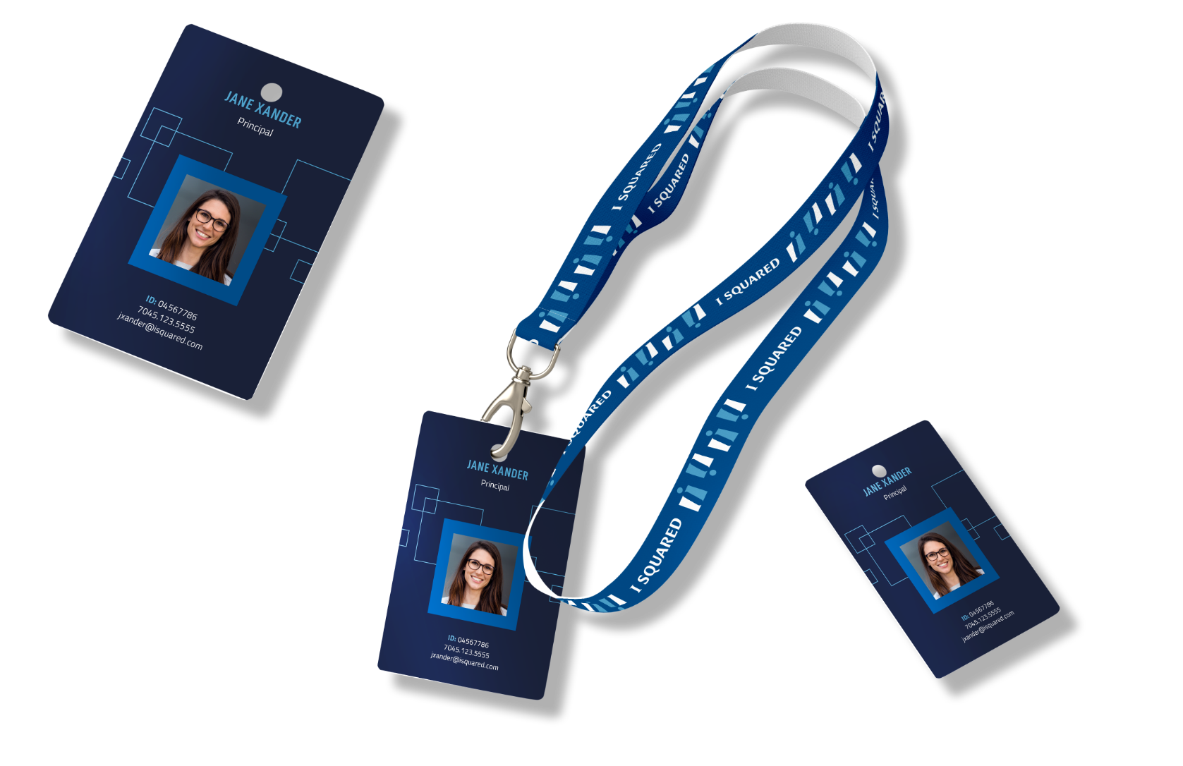 Image of four employee ID cards, each displaying a photo of a person, with a blue lanyard attached to one card. The lanyard is branded with SQUARE. Cards have white text on a blue background.