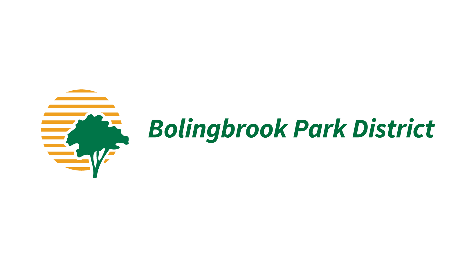 Logo of Bolingbrook Park District featuring a tree silhouette in green, set against an orange striped circle, with the text Bolingbrook Park District in green to the right.
