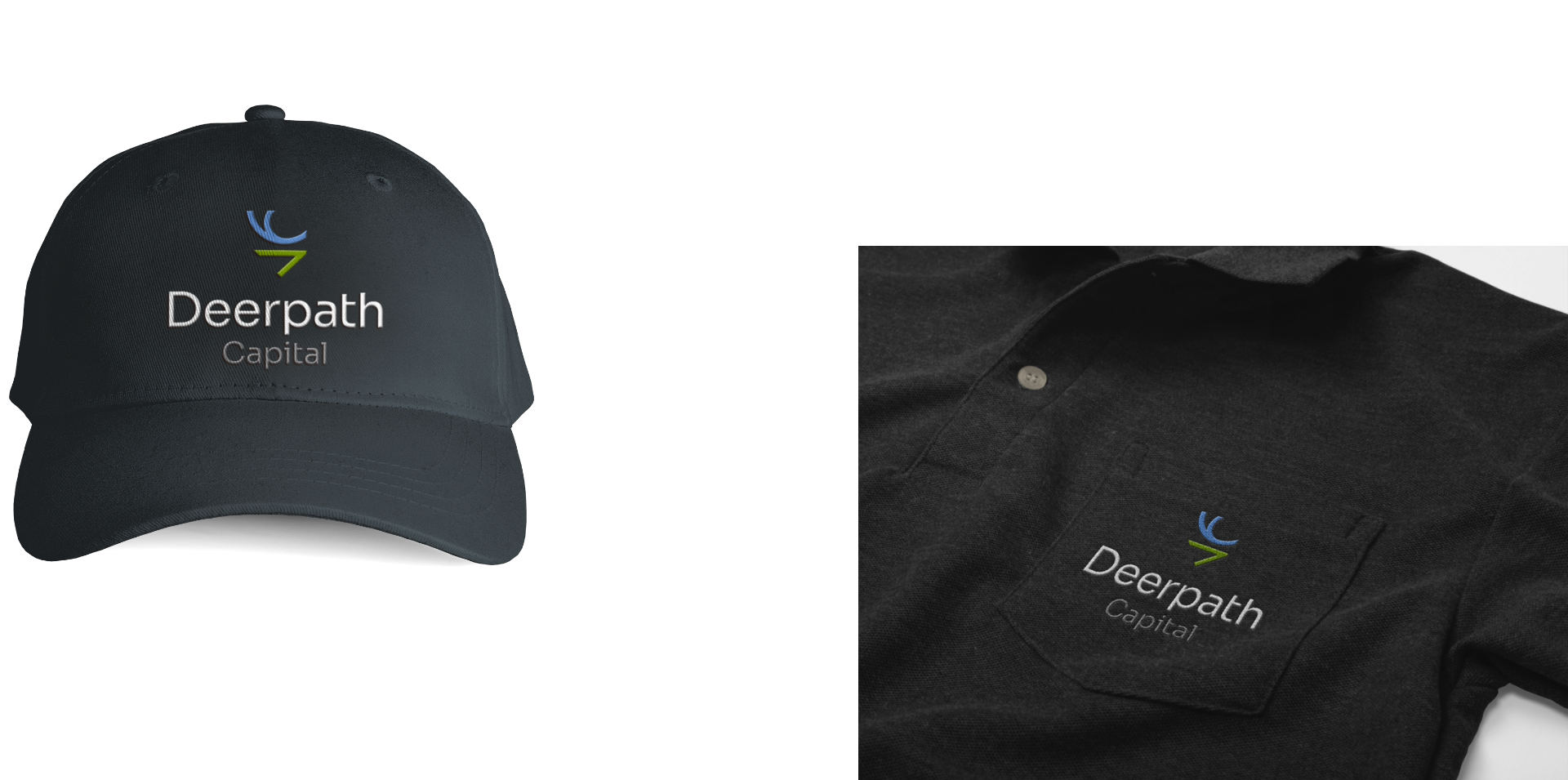 Dark baseball cap and polo shirt with Deerpath Capital logo. The logo features stylized text with an abstract design above, including green and blue elements. The shirts logo is on the pocket.