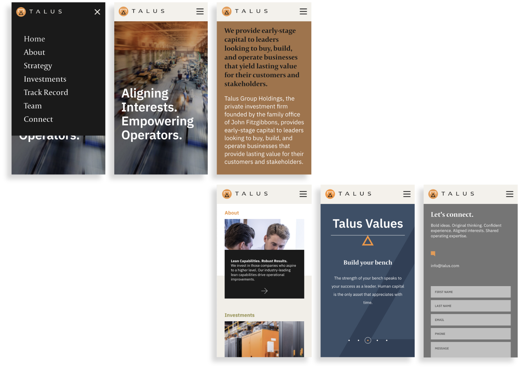 Screenshot of a financial companys mobile website featuring a menu, home page with text about providing early-stage capital, sections on key capabilities, core values, and a contact form. Branding and navigation elements are consistent throughout.