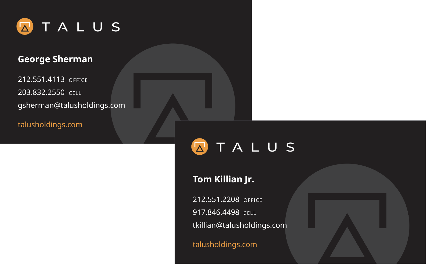Two business cards for Talus Holdings. One card is for George Sherman with contact details including office and cell numbers, and email. The other card is for Tom Killian Jr., also with office and cell numbers, and an email. Both cards have a logo.