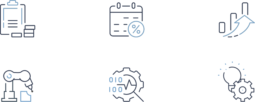 Icons depict business concepts: a checklist with checkmarks, a calendar with a percentage symbol, a graph with an upward arrow, a robotic arm, a gear with binary code, and a lightbulb with rays.