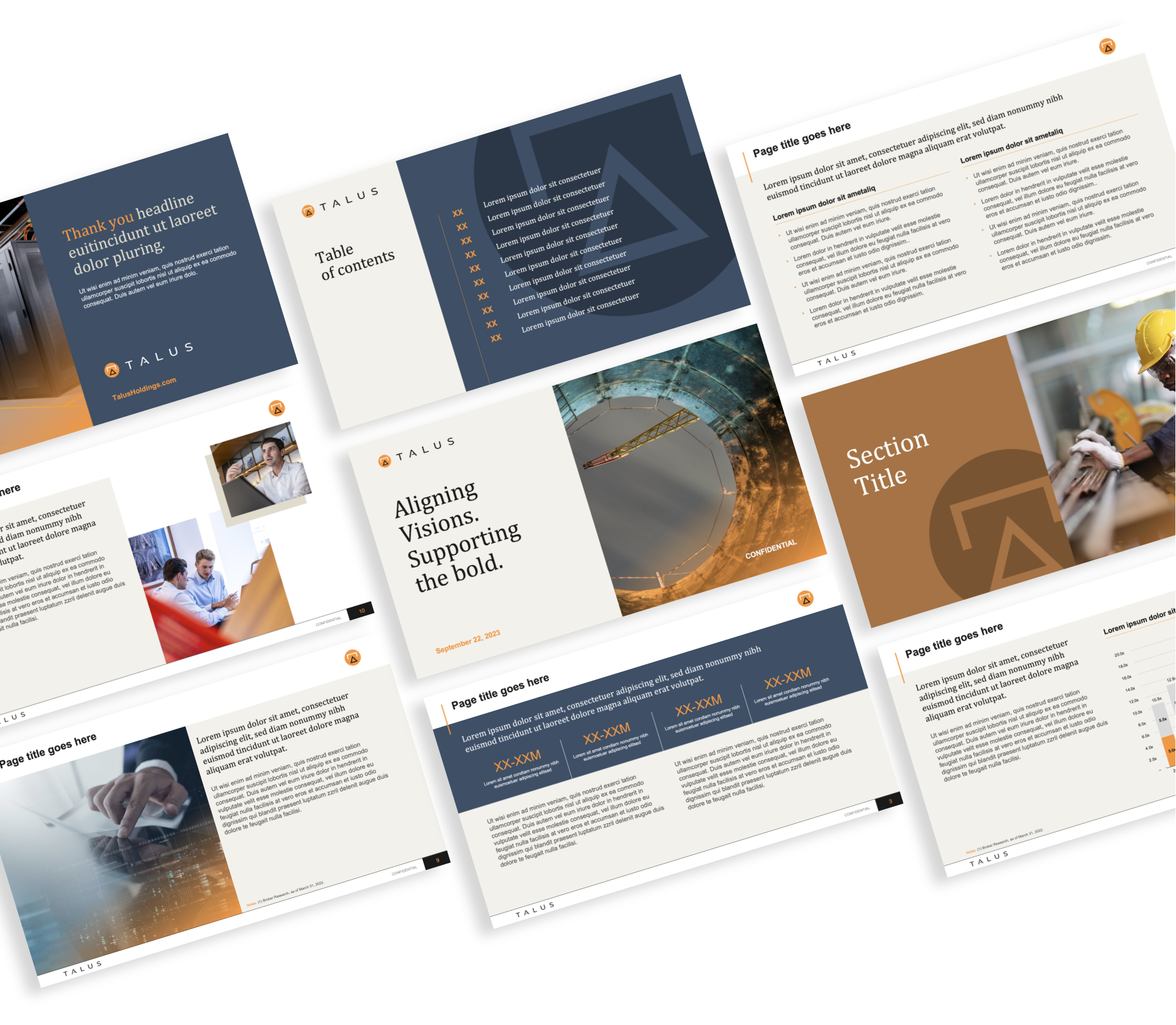 A set of presentation slides with a blue and orange theme. Includes a title slide, table of contents, content sections, and various images like a handshake and a person writing. Text elements and graphical designs are included throughout.