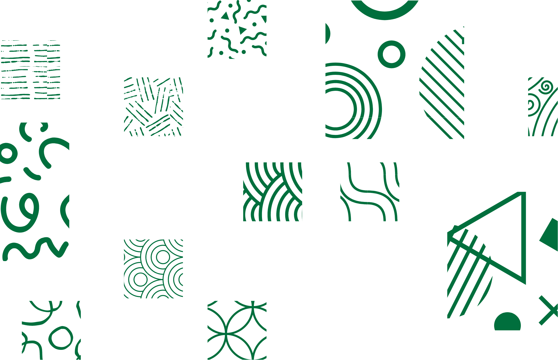 Green abstract patterns on a black background, featuring different geometric and freeform designs like circles, lines, and waves arranged in a scattered grid.