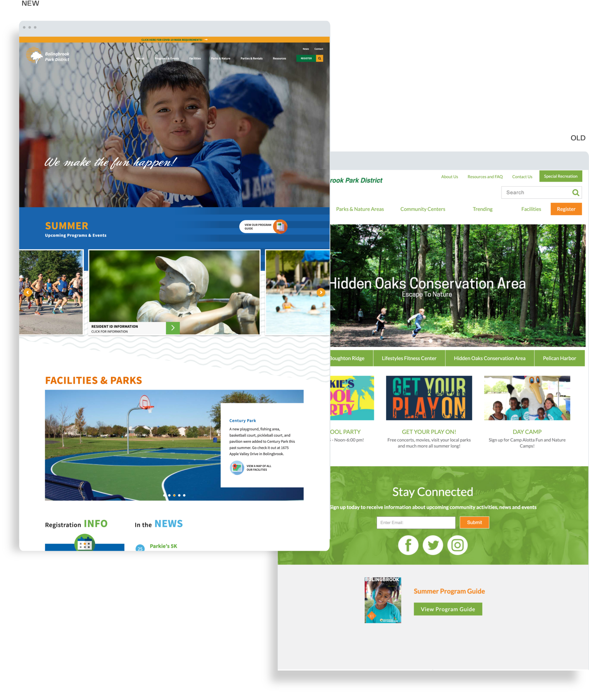 Screenshots of two website pages. The top page features a summer-themed design with children playing sports. The bottom page highlights a park district with images of nature and activities. Both pages include navigation menus and links to more information.