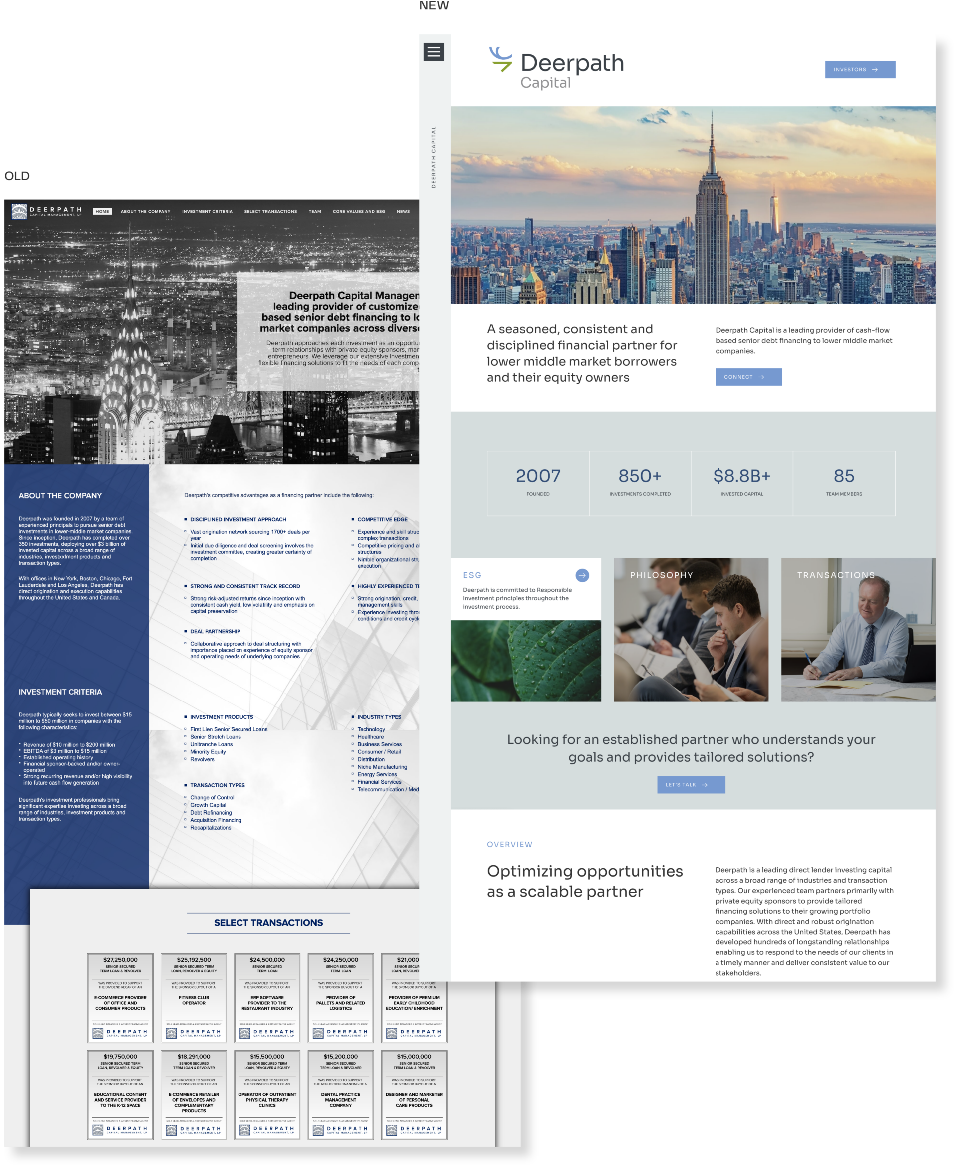 Two web pages are shown side by side. The left features a monochrome design with text sections. The right page displays a color cityscape of the Empire State Building, business text, and numbers highlighting achievements.