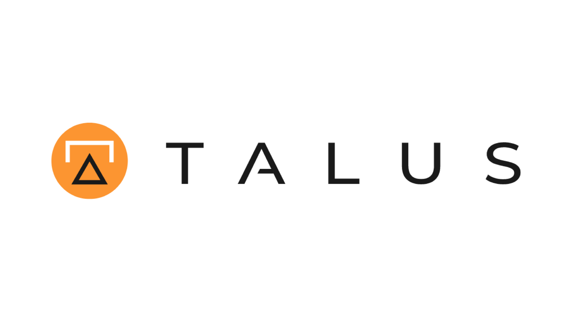 Logo featuring the word TALUS in black, with an orange circle on the left. Inside the circle, theres a white horizontal line above a black triangle. The background is white.