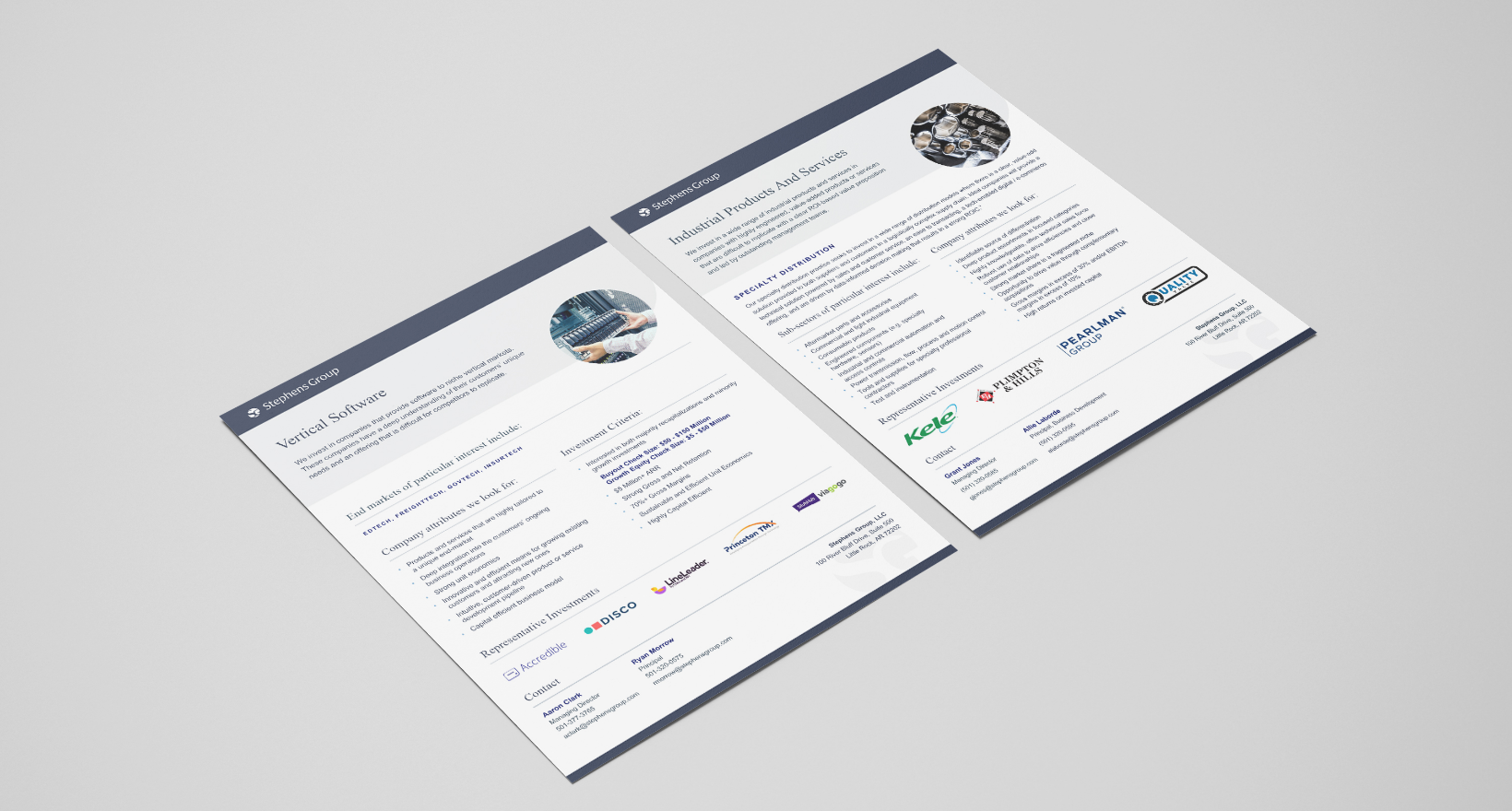 Two flyers showcasing detailed product and service information with text and company logos. The flyers have a clean, professional design with blue accents and small images of industrial products.