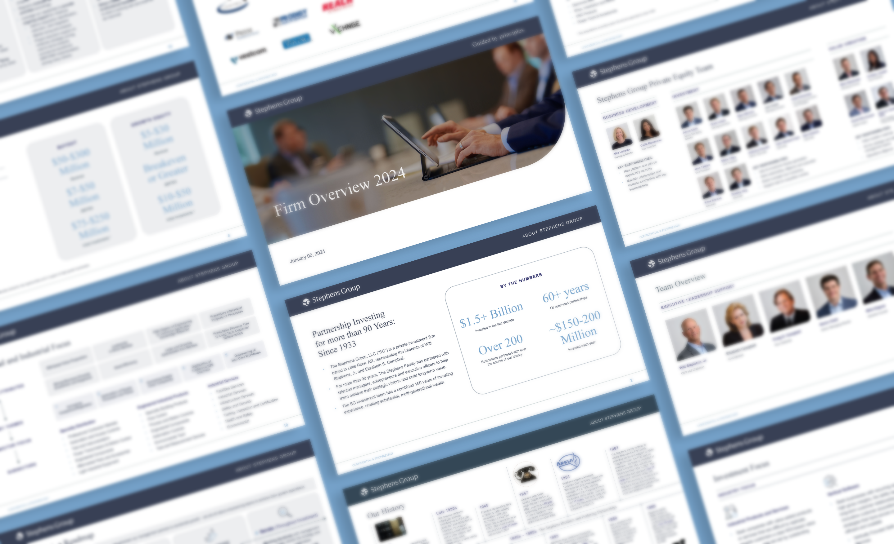 Blurred image of business presentation slides. Includes sections on firm overview, financial highlights, and team member photos. A focus on a slide with a person typing on a laptop and text, Firm Overview 2024.