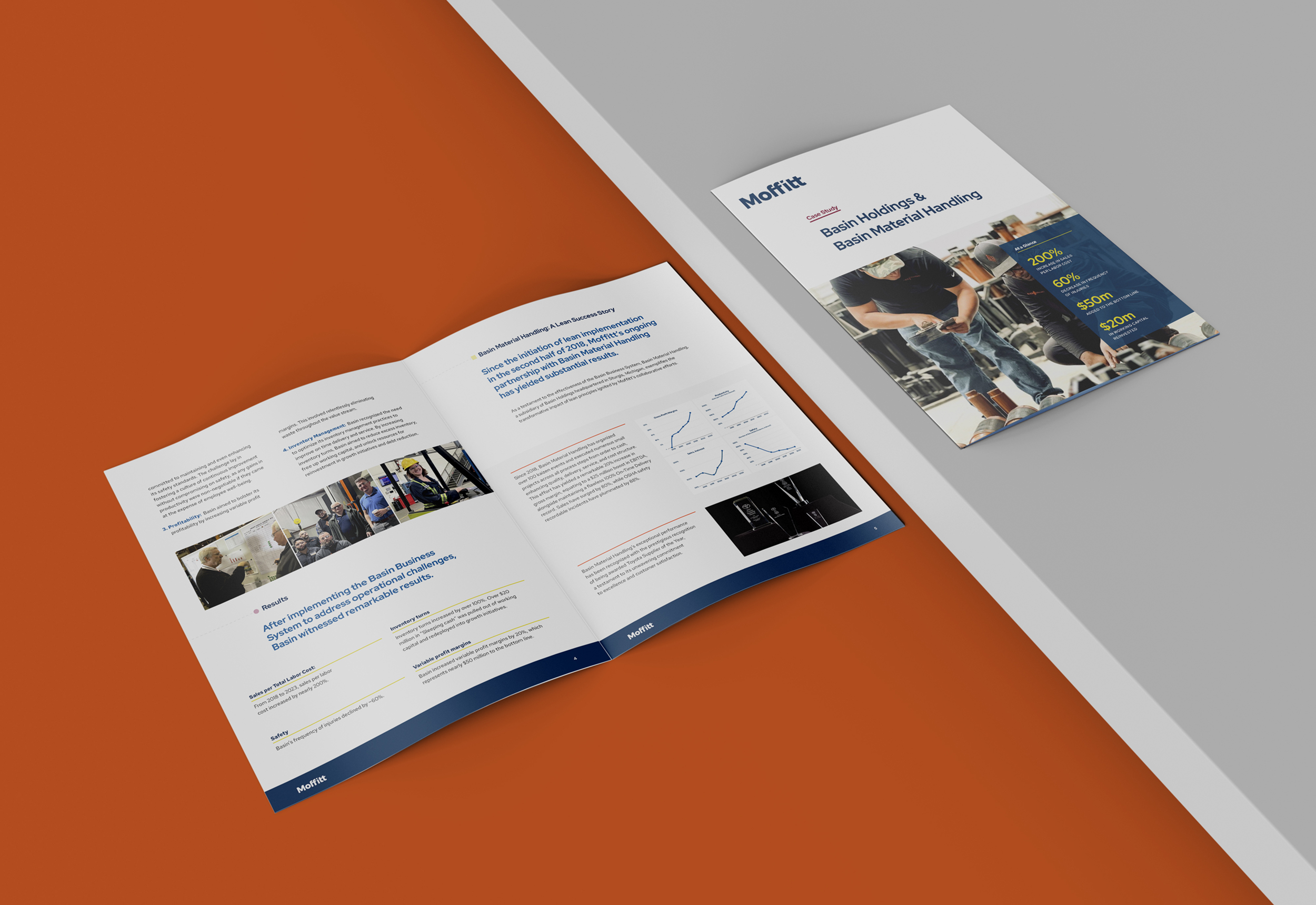 Open brochure on a red and gray surface displaying graphs, photos, and text. Next to it, a closed brochure cover reads Moving: Digitalisierung in der Metallverarbeitung with images and statistics. Both have a blue and white design theme.