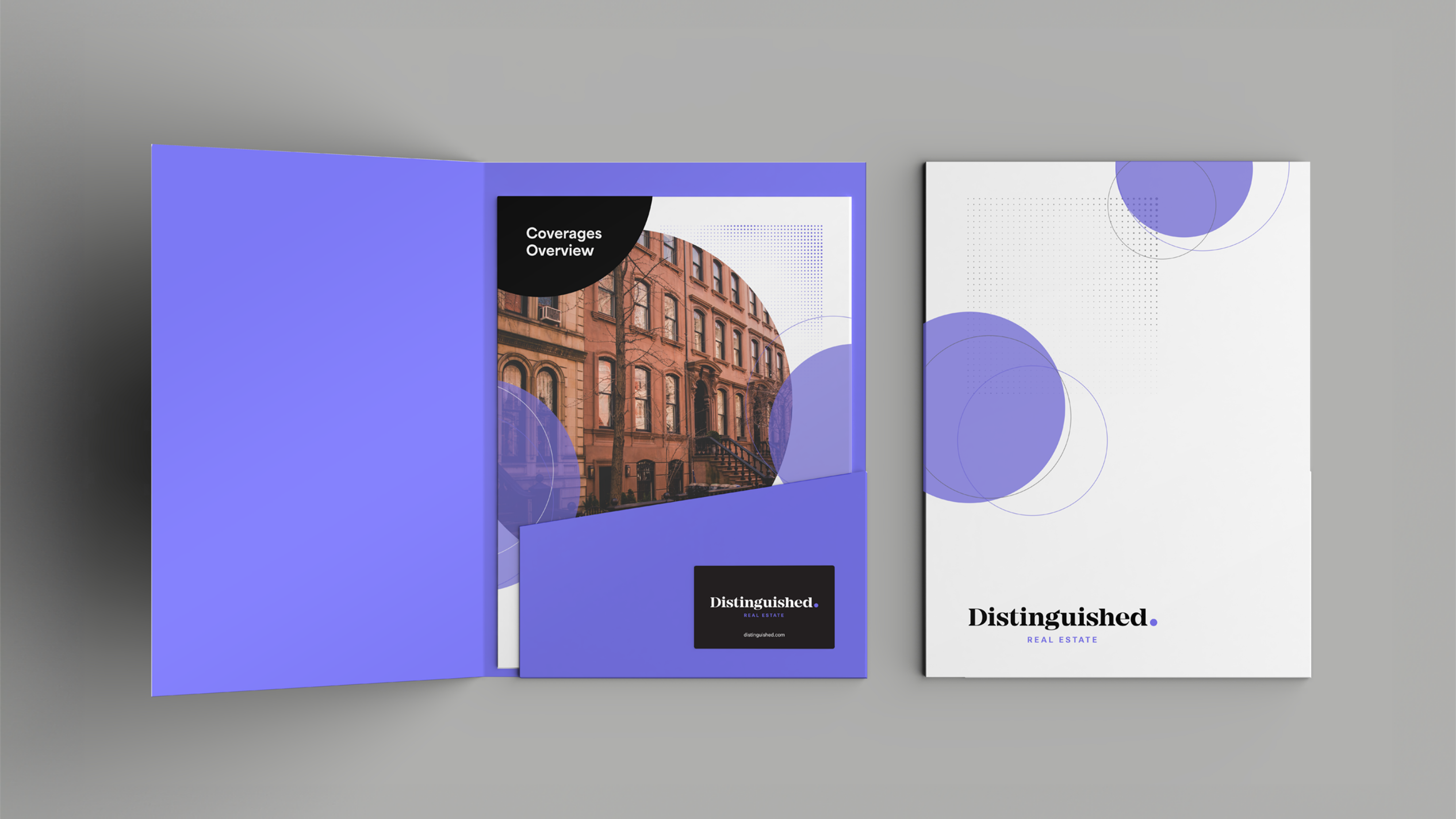 Two real estate brochures are displayed. The open brochure features a building photo and text Coverages Overview. The closed brochure has a minimalist design with overlapping purple circles and text Distinguished Real Estate.