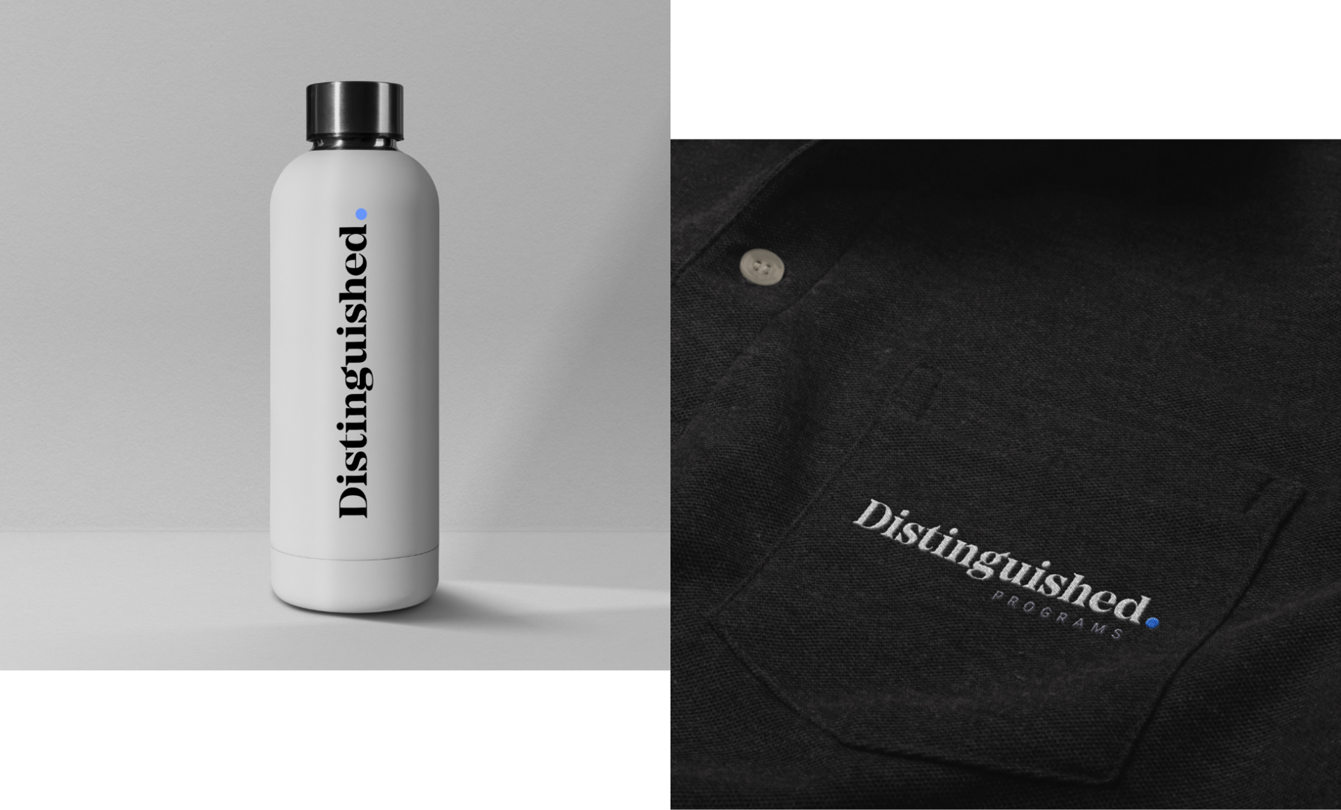 A white bottle with Distinguished written vertically in black next to a black polo shirt with Distinguished Programs embroidered on the chest pocket. Both items are displayed against a neutral background.