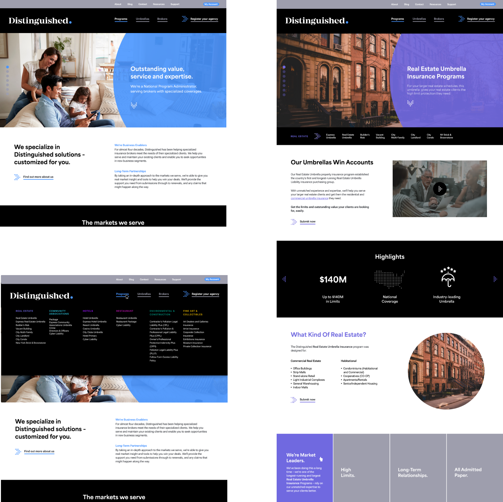 Screenshots of a website with different sections. Features images, text, and icons about real estate insurance programs, market specialization, and services. Includes visuals of a family, urban buildings, and various web navigation elements.