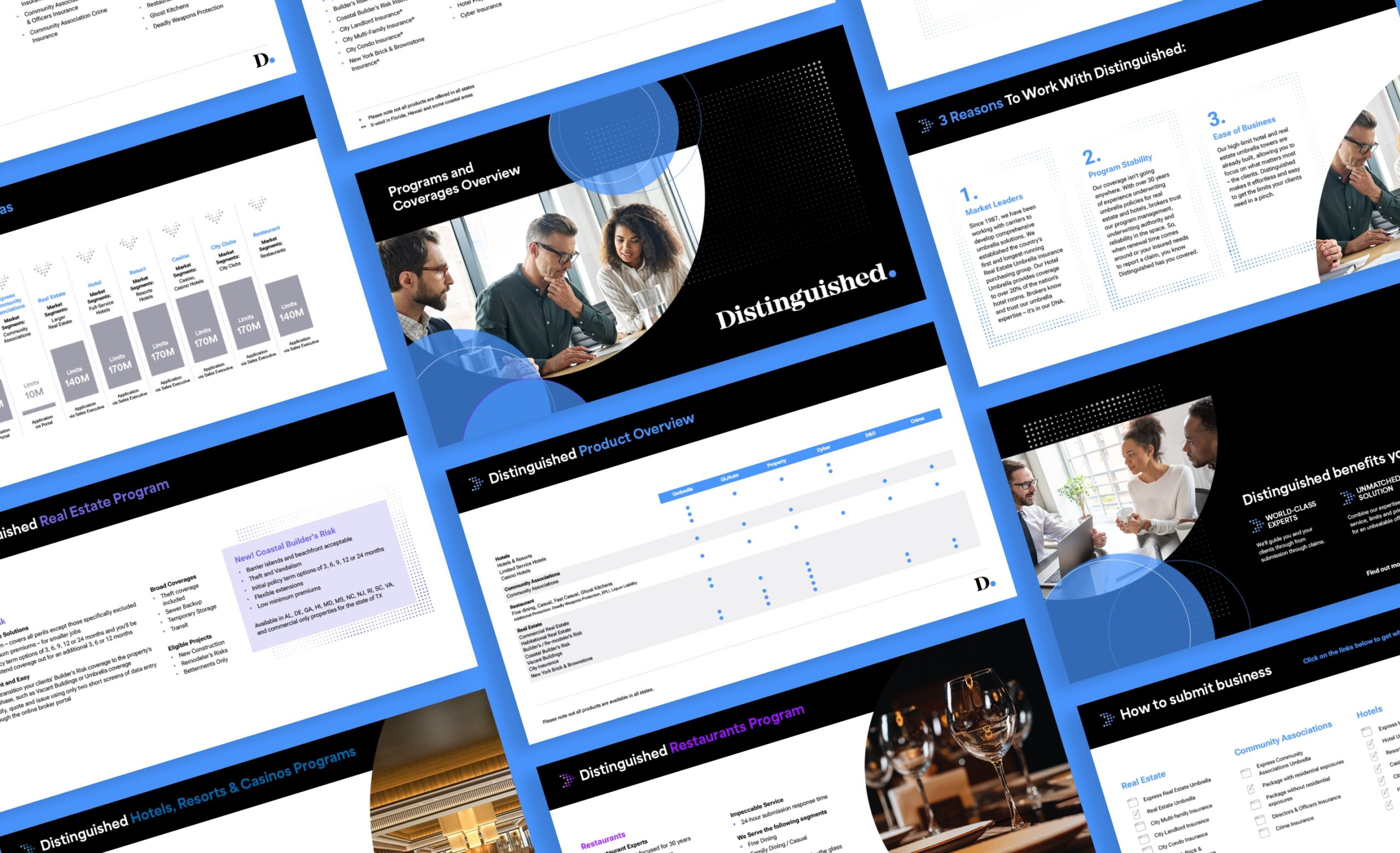 A collage of professional presentation slides featuring various layouts. Slides include charts, text, business meetings, program overviews, and visually appealing graphics. Predominant colors are blue, black, and white, with the word Distinguished visible.