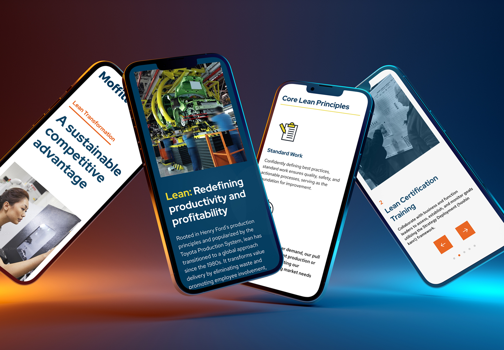 Four smartphones display different screens related to lean management. They show topics like competitive advantage, productivity, lean principles, and certification training, with vibrant visuals and text against a gradient background.