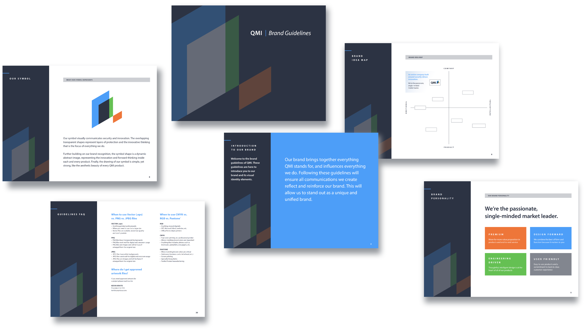 A collection of digital pages displaying brand guidelines titled QMI. The layout includes sections with text blocks, diagrams, and color samples. Each page has a consistent design theme with dark backgrounds and colorful geometric shapes.