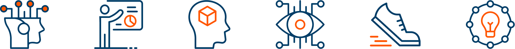 Icons from left to right: a head with circuits, a hand holding a document with a circle, a profile of a head with a cube, an eye with circuitry, a sneaker with motion lines, and a light bulb surrounded by a decorative border.