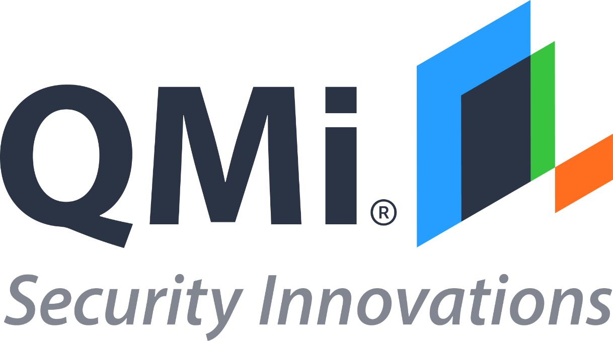 Logo for QMi Security Innovations with QMi in bold black letters. The words Security Innovations are in italicized gray below. A geometric design with blue, gray, and orange shapes is to the right of the text.