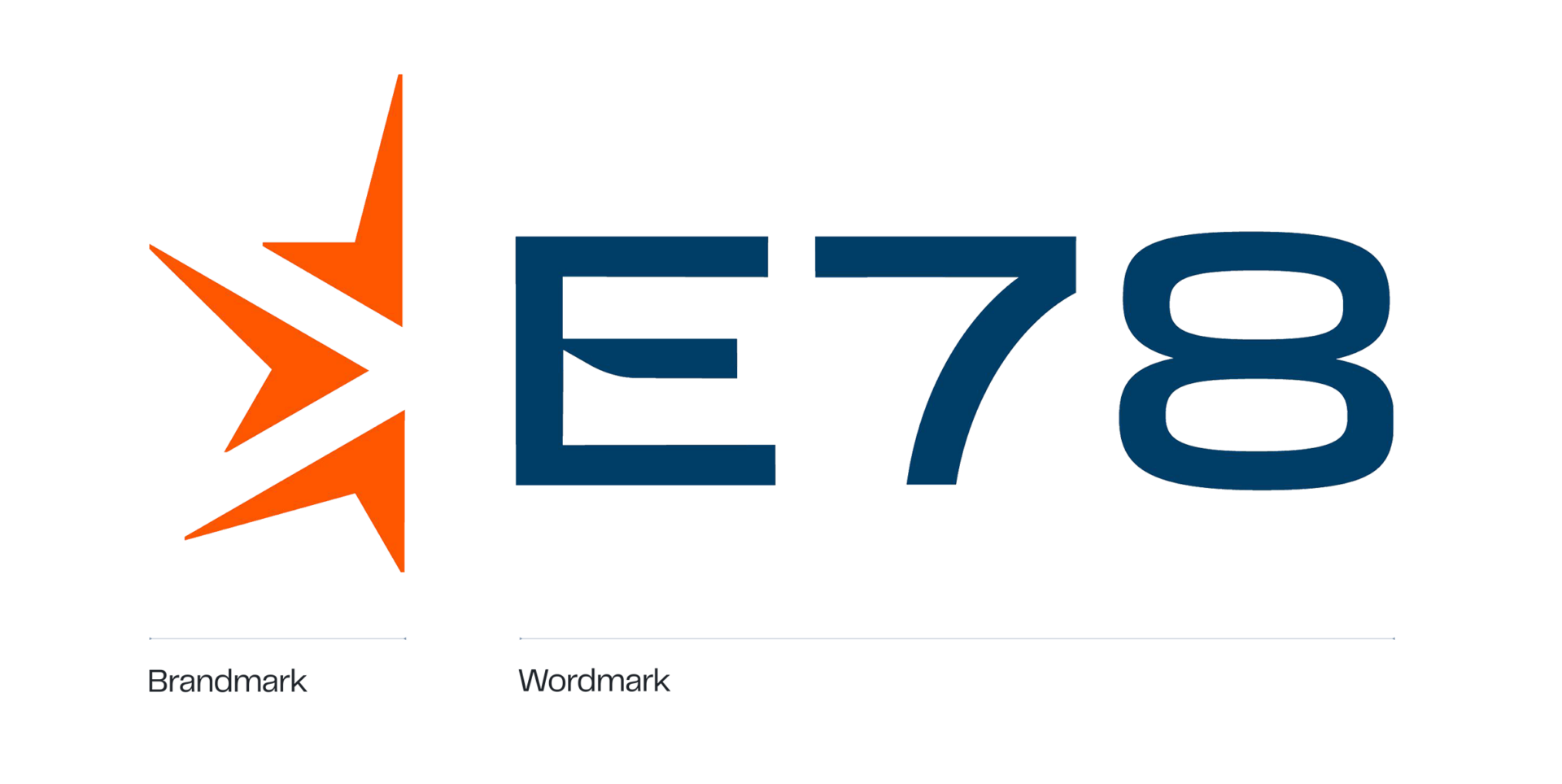 Logo with a stylized orange star shape next to the blue text E78. Below, labels indicate Brandmark and Wordmark corresponding to the star shape and text, respectively.