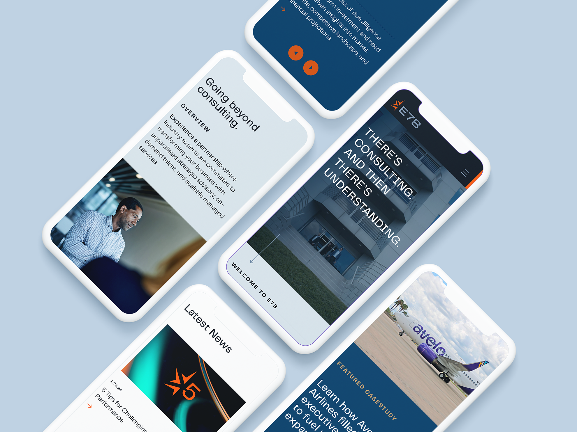 Five smartphones display various business and consulting apps. Screens show images, news, and text about consulting services and partnerships, with a photo of a man in a suit and an airplane with the logo Evelo Air visible.