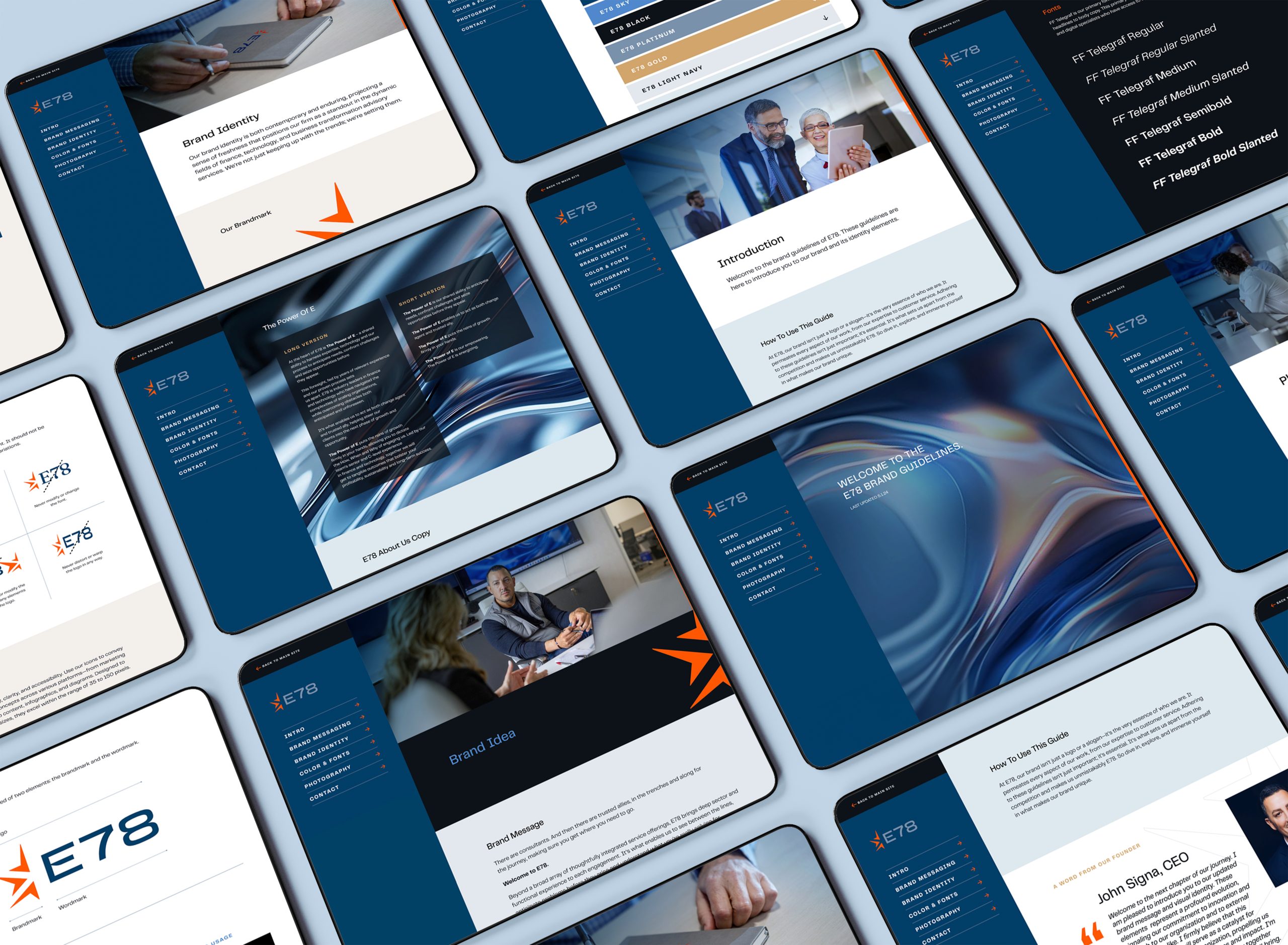 Multiple digital tablets display various pages of a business website, featuring sections on projects, team members, and company information, with a blue and orange color scheme and abstract designs.