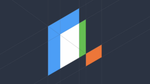 A geometric design featuring a blue, green, and white angular shape on the left, juxtaposed with a smaller orange square on the right, all set against a dark gray background with subtle intersecting lines.
