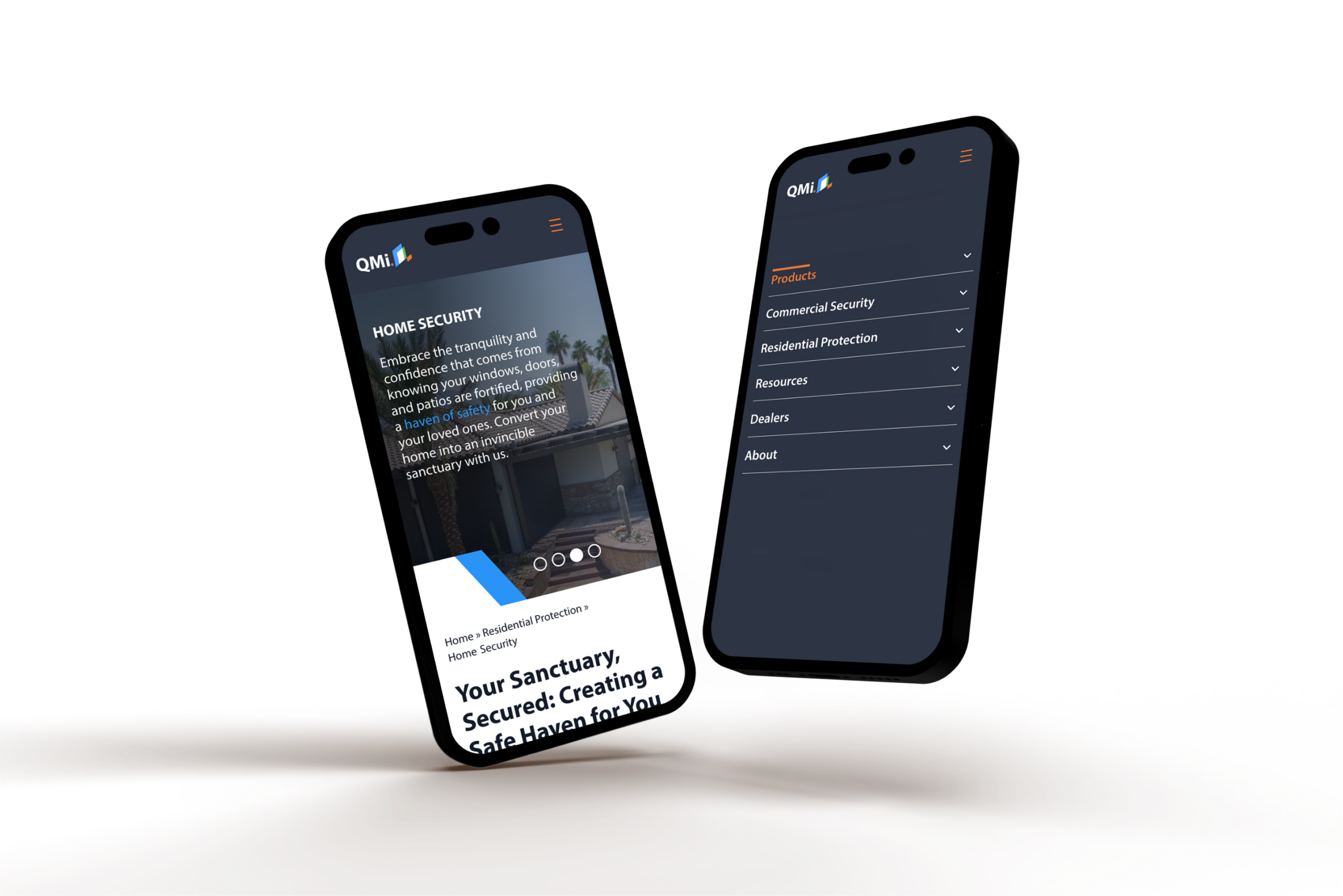 Two smartphones display a security companys website. One screen shows a home security page, while the other displays a menu with options like Products, Commercial Security, and Residential Protection. The background is black, highlighting the devices.