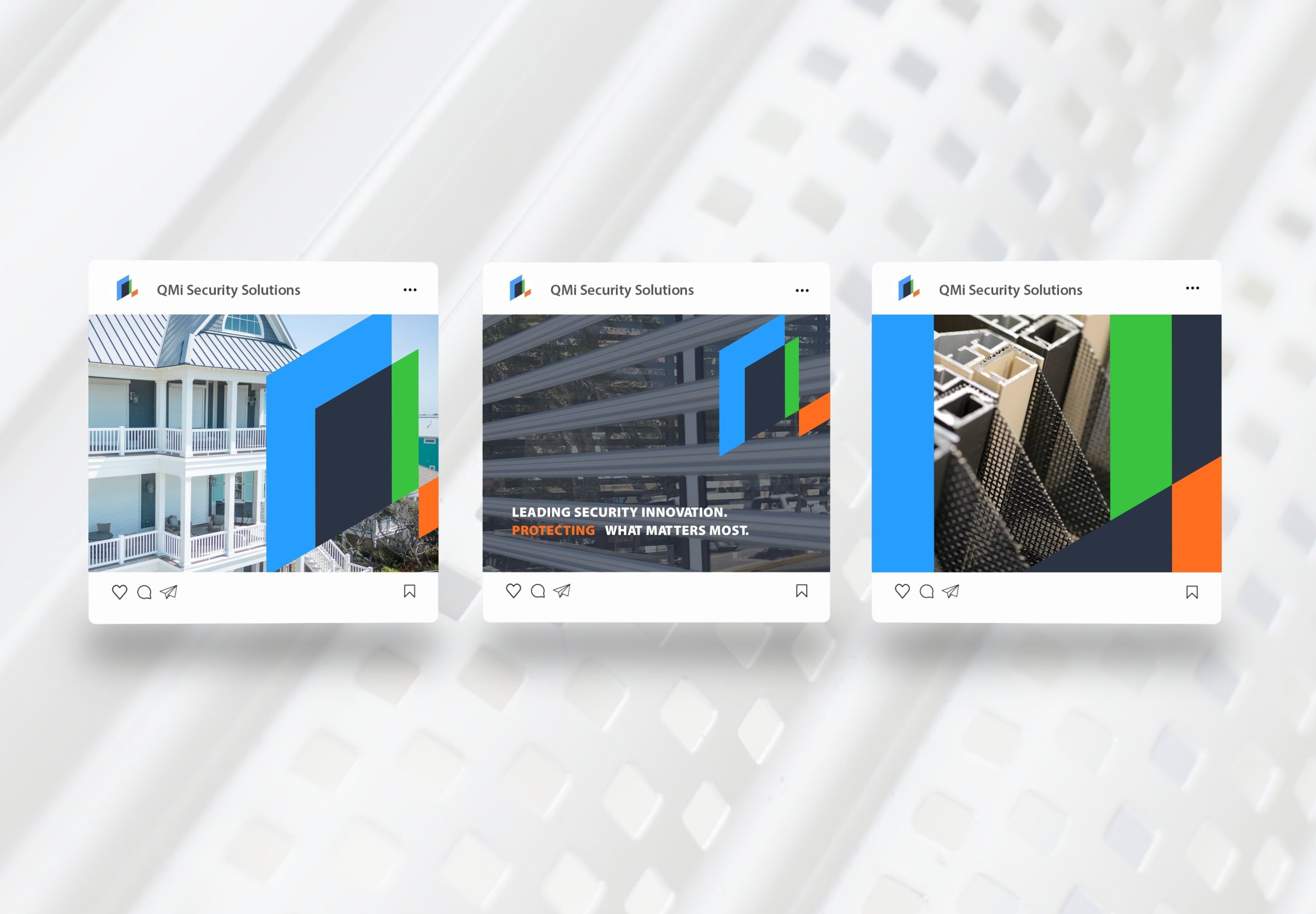 Three social media posts from OMI Security Solutions with abstract designs and building images. Text includes, Leading Security Innovation, Protecting What Matters Most. Background is a soft focus, white geometric pattern.