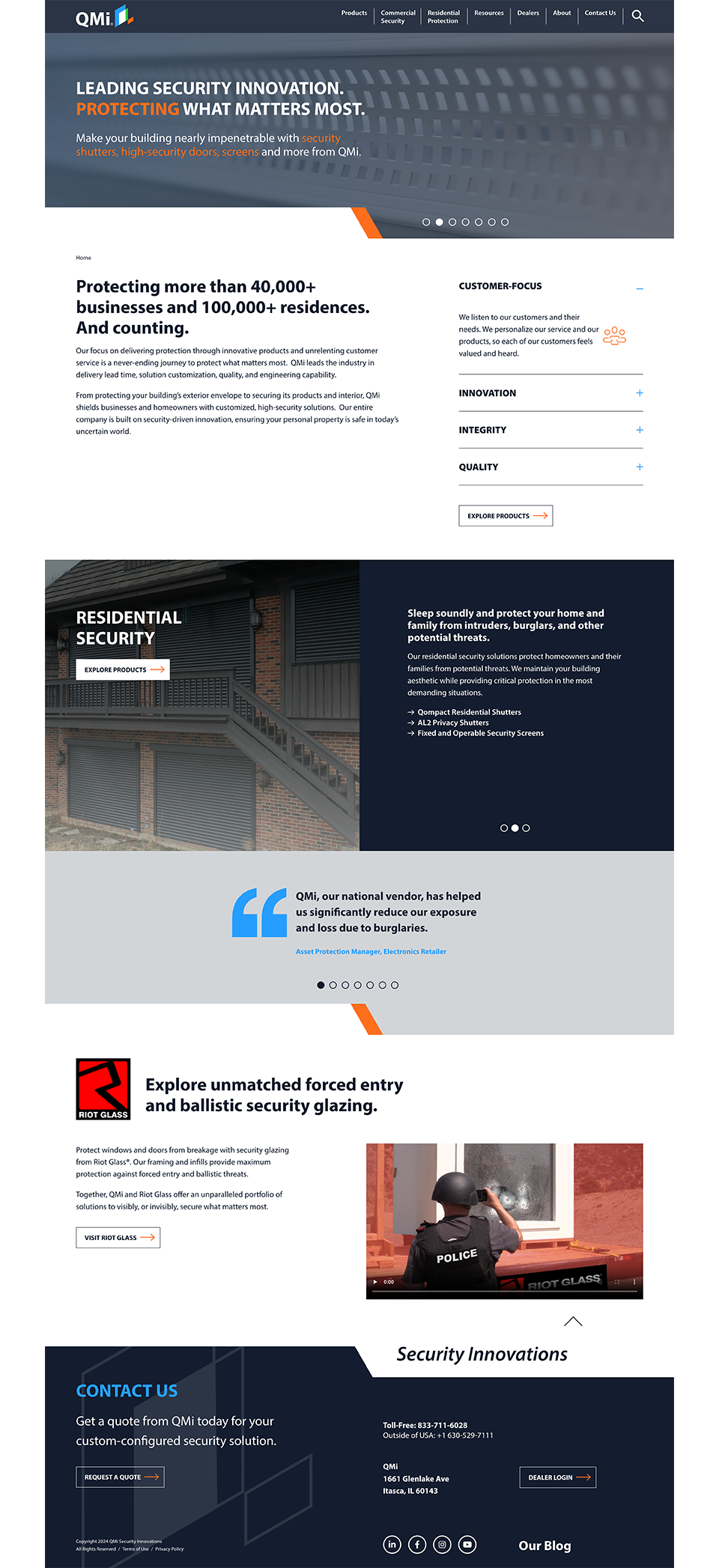A webpage for QMI, a security company, highlighting residential and business security solutions. It features product descriptions, a testimonial, security glazing information, and contact details. The webpage uses a clean design with images and text sections.