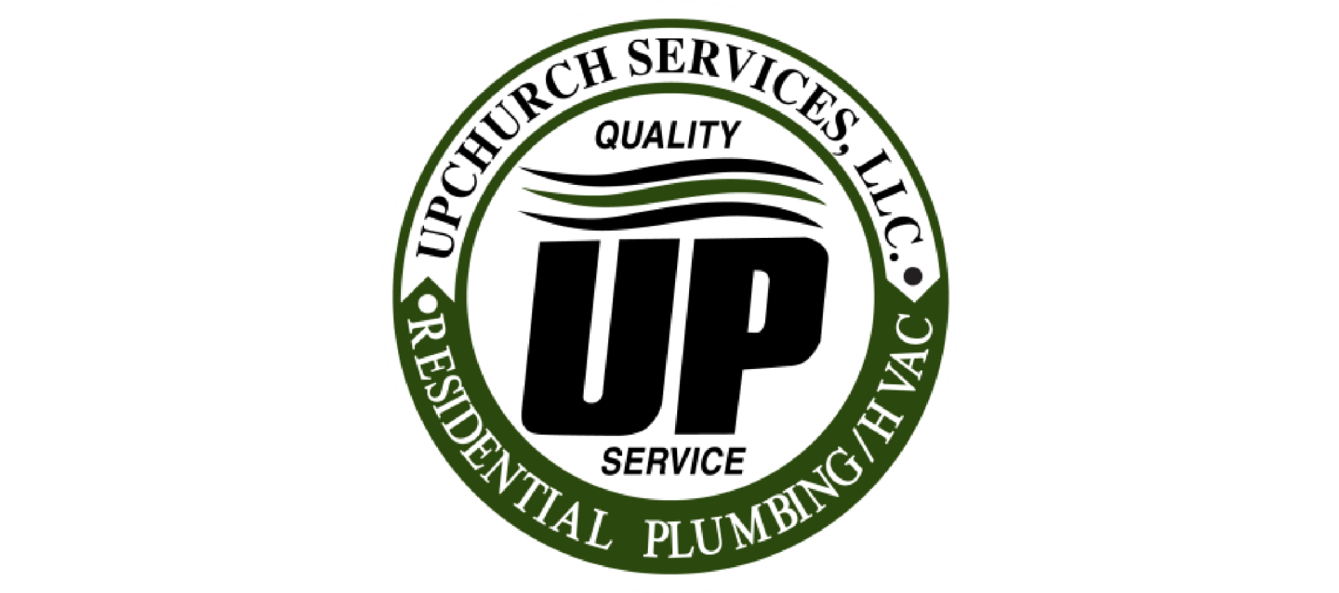 Logo for Upchurch Services, LLC. Features Quality UP Service in bold black text with green curved lines, surrounded by a green circle stating Residential Plumbing HVAC.