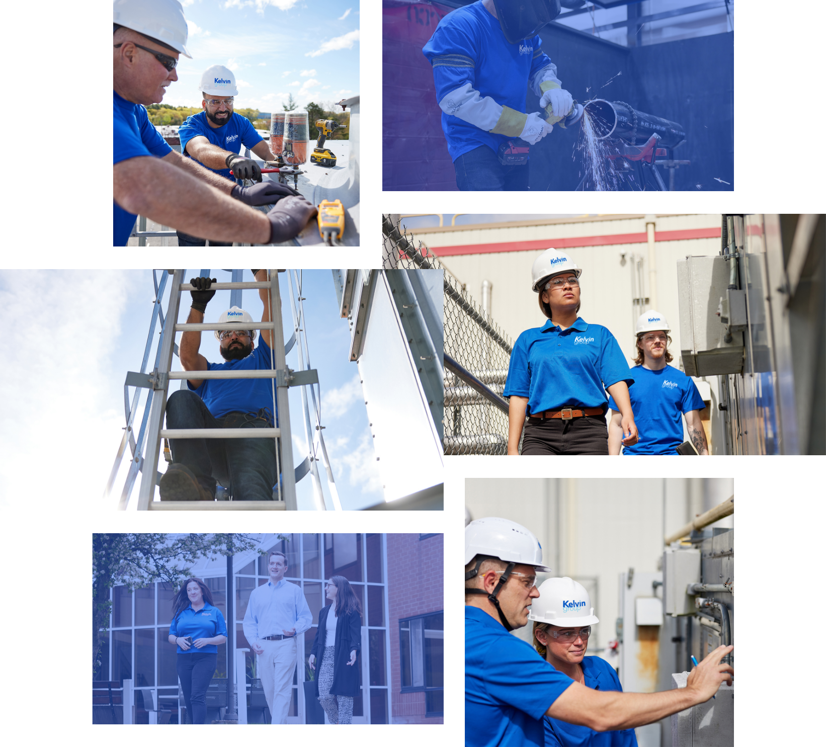 Collage of diverse individuals in industrial and professional settings. Scenes include construction work, welding, walking outdoors, and inspecting facilities. All wearing helmets or safety gear, emphasizing teamwork and safety in various work environments.