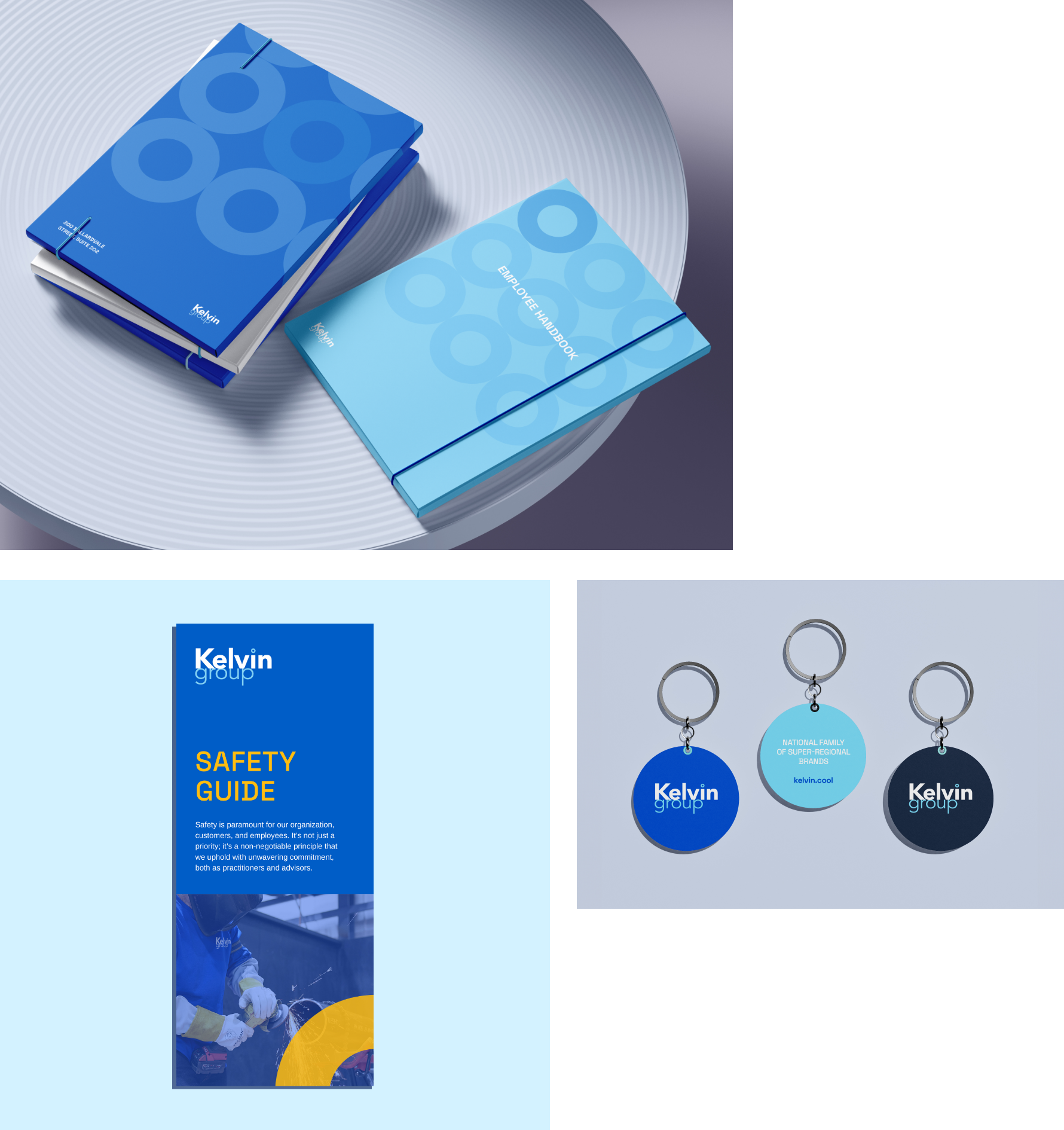 A collection of Kelvin Group promotional materials, including two branded booklets on a table, a safety guide with images of safety gear, and three logo keychains in blue and gray, displayed on a light blue background.