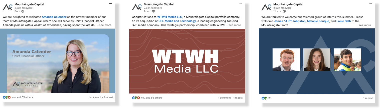 1. Woman with glasses and blonde hair smiling, labeled Amanda Calender, Chief Financial Officer, with Mountaingate Capital logo. 2. Announcement of WTWH Media LLC joining Mountaingate Capital, with company logo on a patterned background. 3. Welcome message for three interns with their photos, names, and the Mountaingate Capital logo.