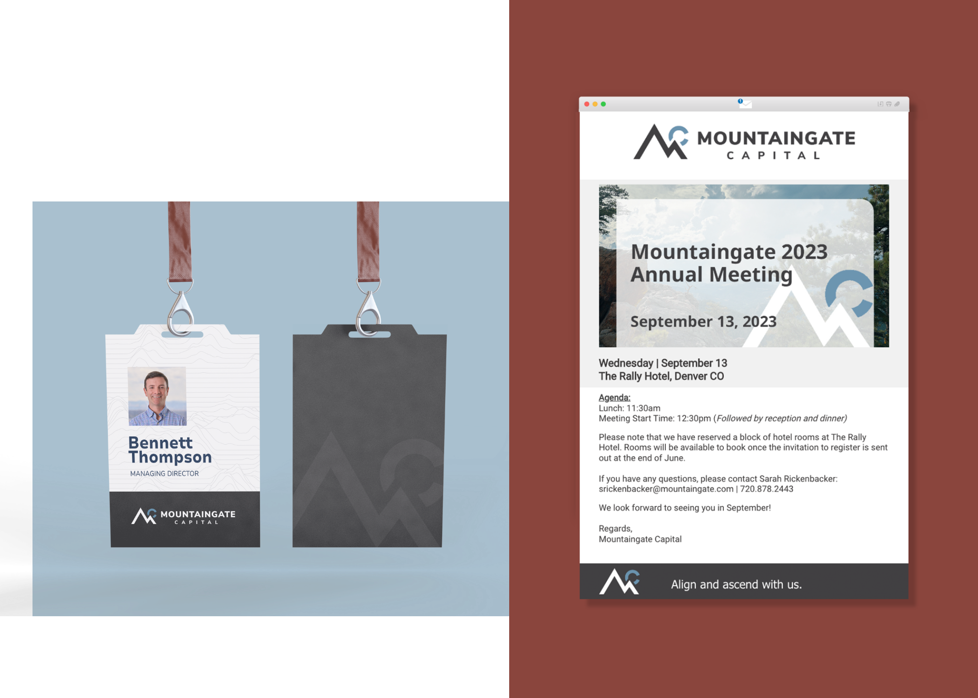 An ID badge with a lanyard next to an invitation for Mountaingate 2023 Annual Meeting on September 13 at The Rally Hotel, Denver. Includes contact details and RSVP information. Both feature the Mountaingate Capital branding.