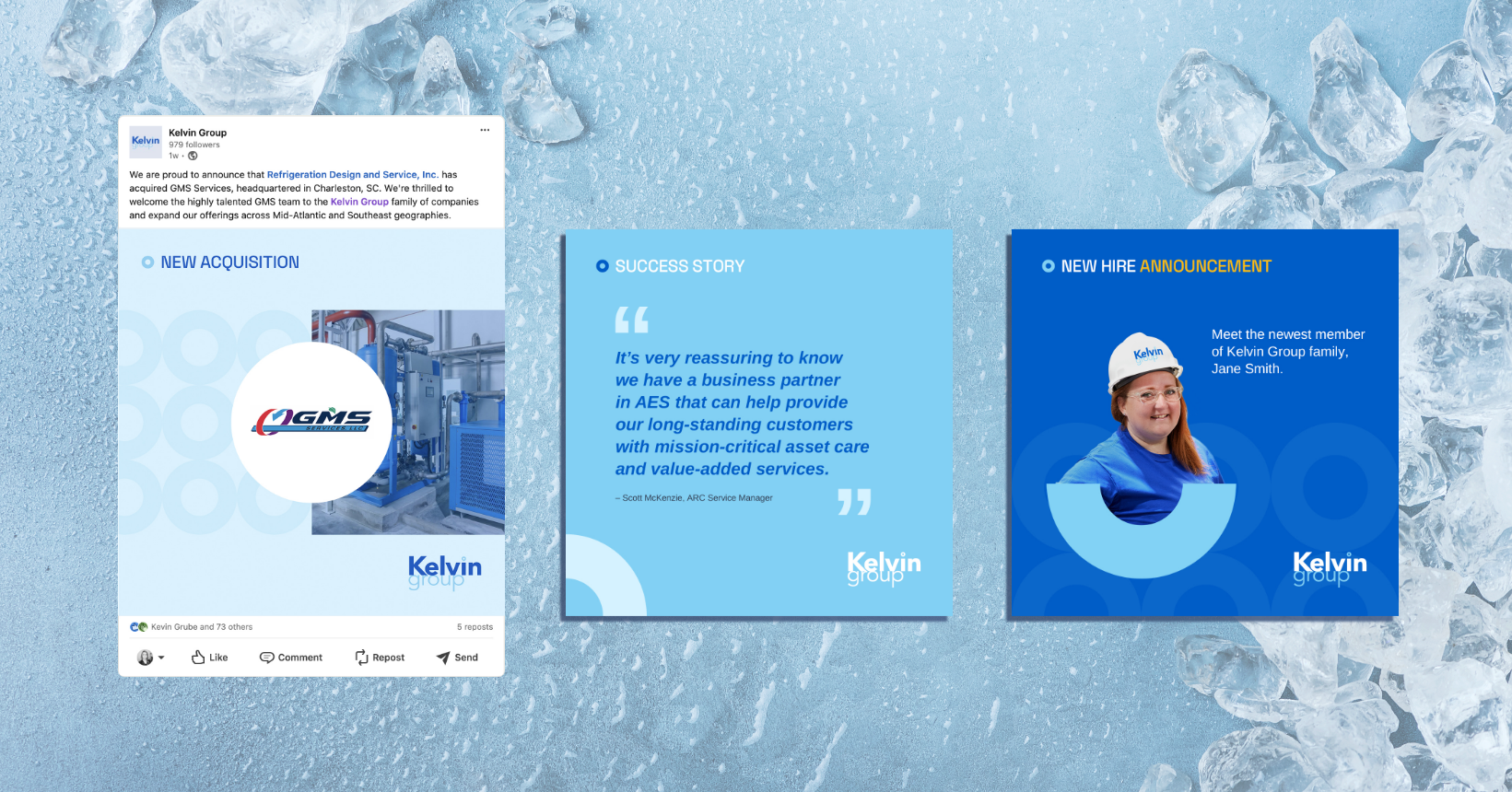 Image displaying three announcement cards on a background of ice. From left to right: A new acquisition of GMS Limited; a success story quote about AESs business partnership; and a new hire announcement for Jane Smith at Kelvin Group.