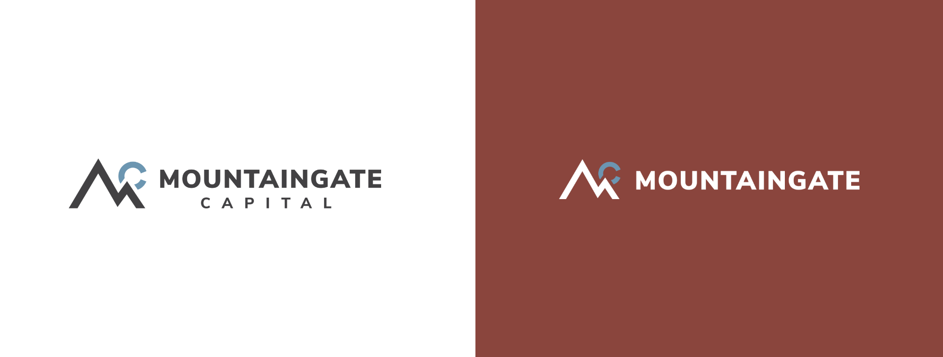 Split image of two logos: Left side features Mountaingate Capital in gray on black with an abstract mountain graphic. Right side shows Mountaingate in white on a brown background with a similar graphic.