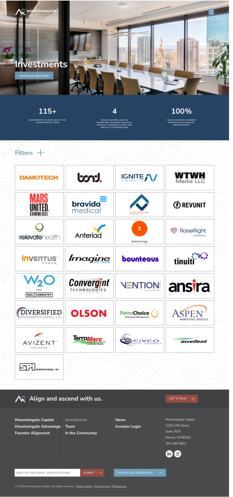 A webpage displays Investments at the top with graphics and stats. Below are logos of various companies in a grid format. The footer includes contact details and links for Mountaingate Capital.