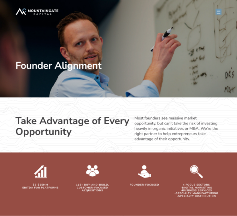 A man writing on a whiteboard, engaged in discussion. Text overlay says Founder Alignment and Take Advantage of Every Opportunity. Below, there are icons and statistics about EBITDA, acquisitions, and focus sectors like digital marketing and distribution.