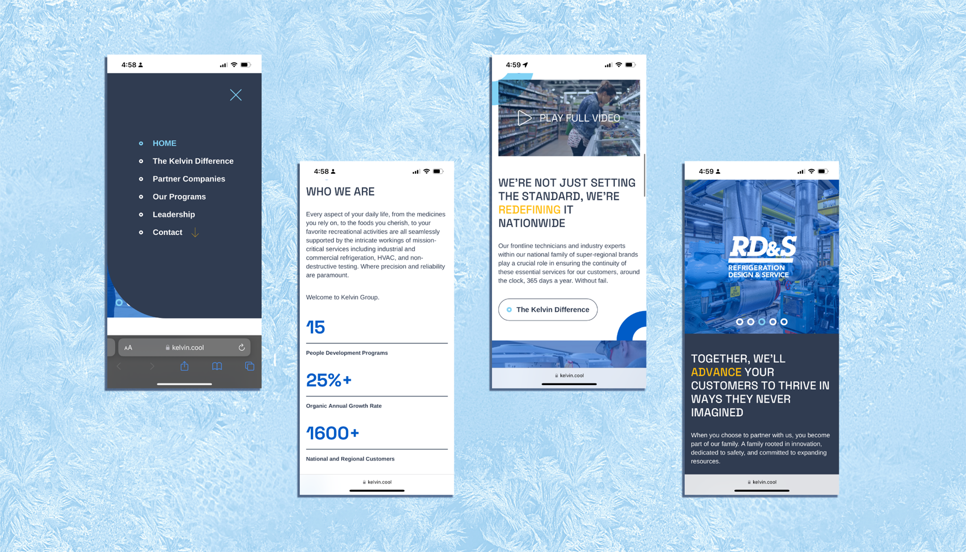 Four smartphone screens showing a company website. Screens display a menu with sections, a text introduction, an image with overlay stating PLAY FULL VIDEO, and a headline about supporting customers. Background has a blue ice-like texture.